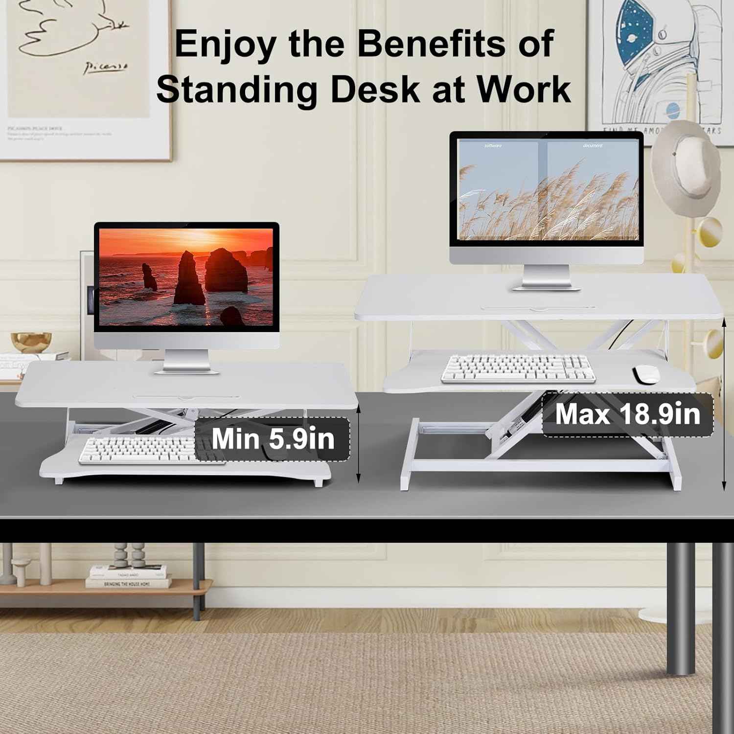 38-inch Standing Desk Converter Height Adjustable Sit to Stand Up Workstation, Duals Monitor and Laptop Riser with Wide Keyboard Tray, for Home, School, Company, White