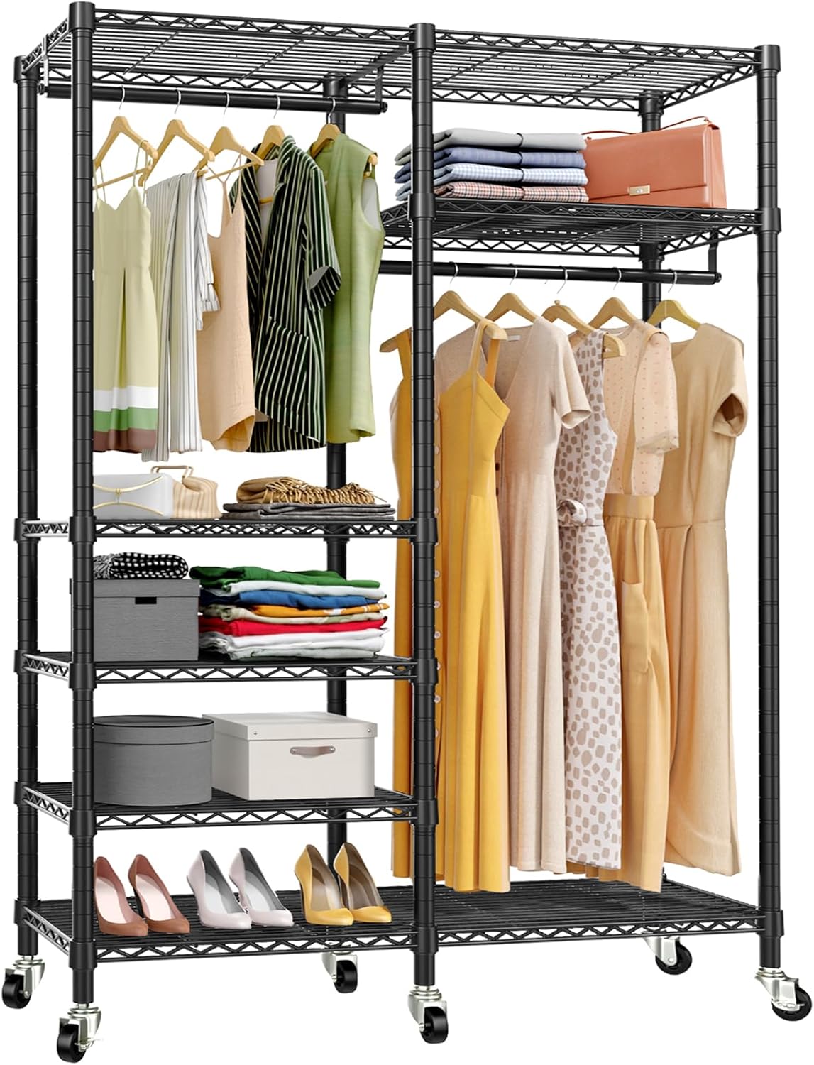 VIPEK R4 Garment Racks Heavy Duty Clothes Rack -620lb Capacity Metal Frame, Rolling Lockable Wheels & 6 Tiers Adjustable Height Shelves & Hanger Rods, Sturdy Wardrobe Closet for Home Storage, Black - Lumora Desk