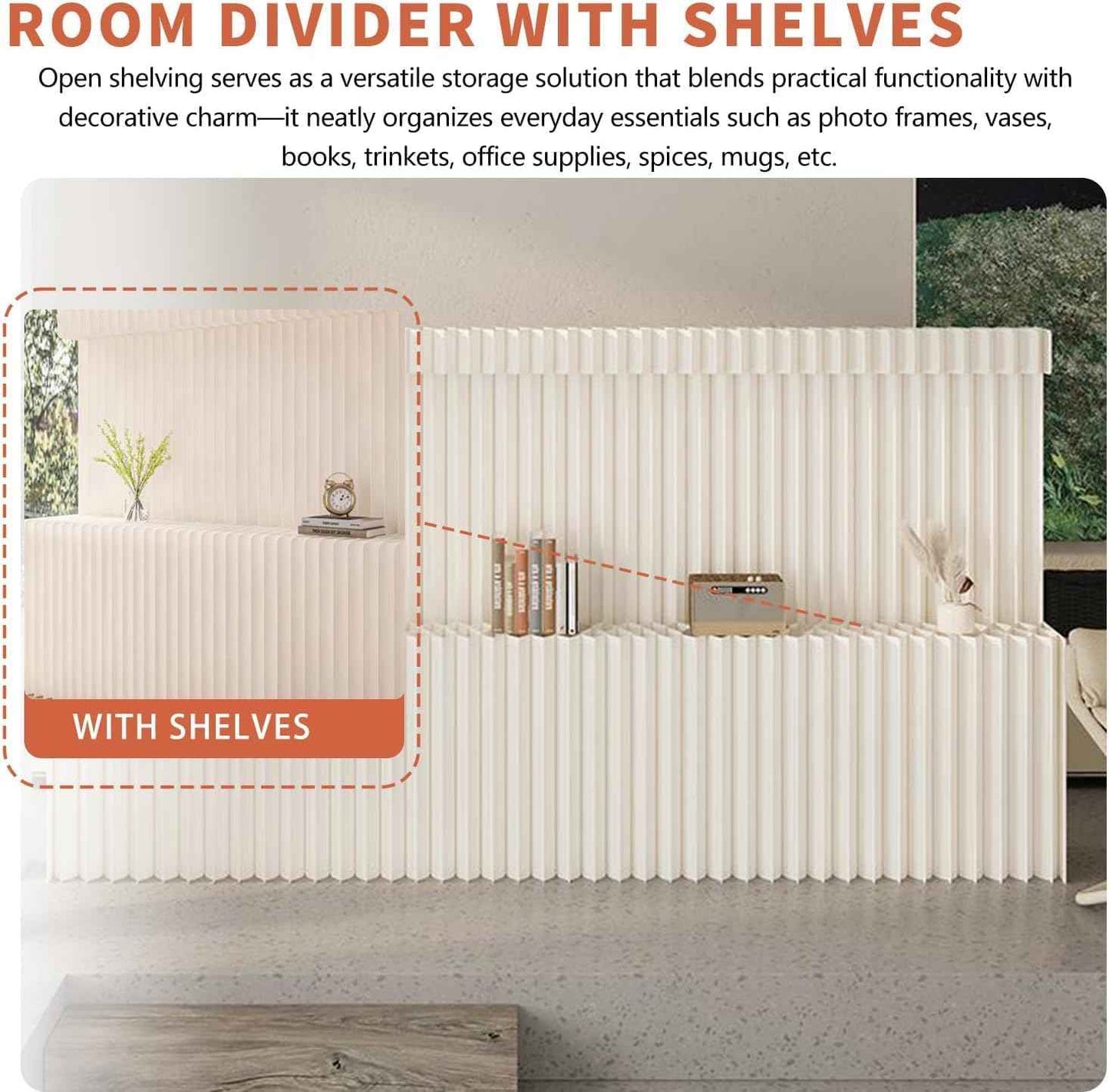 Paper Room Divider with Shelves Folding Room Divider Portable Room Partition Foldable Temporary Wall Retractable Folding Screen for Home, Office, Studio, Exhibition