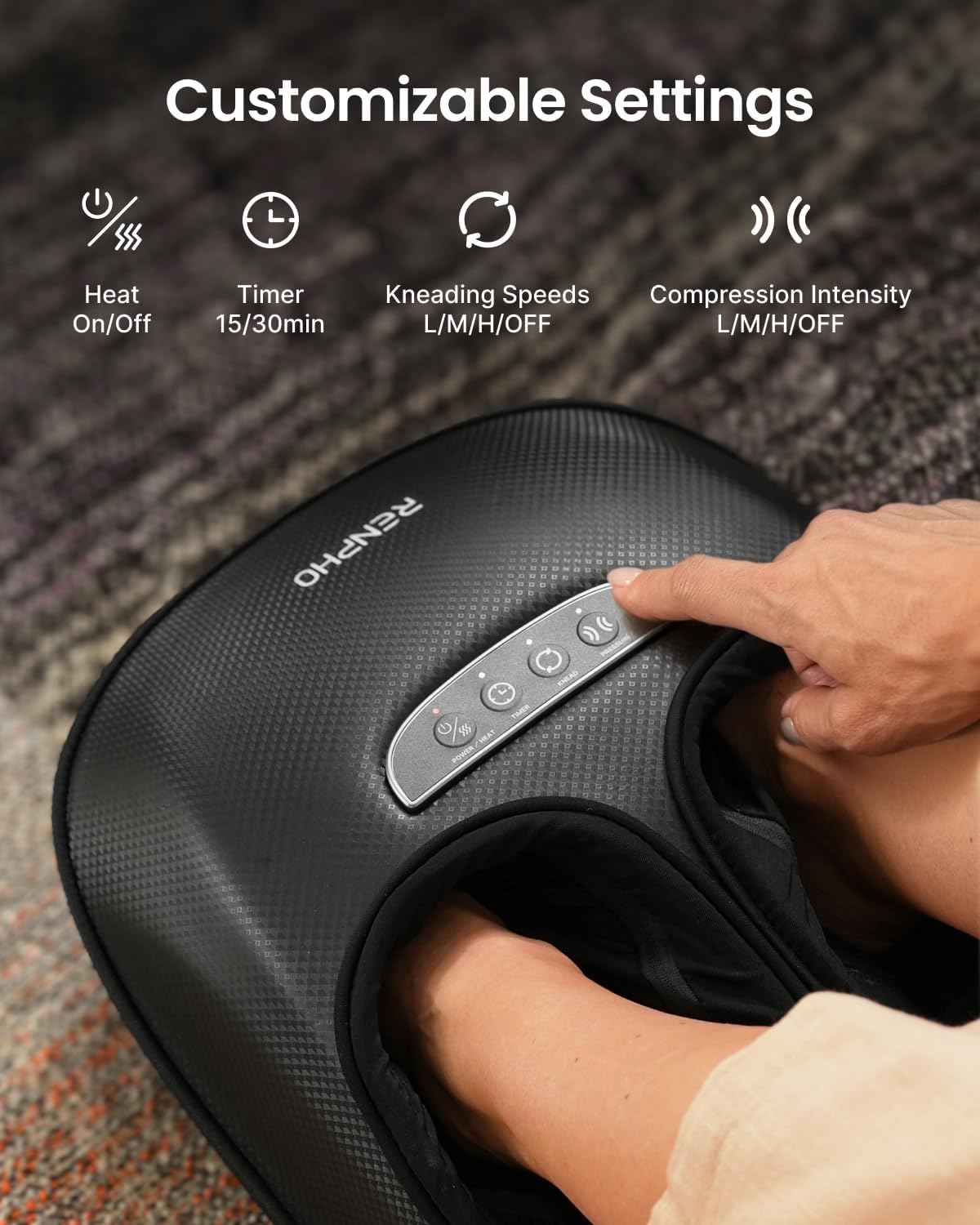 RENPHO Foot Massager with Heat [2026 Upgraded], 3 Levels Compression Deep Kneading, FSA Eligible HSA Shiatsu Massager for Plantar Fasciitis, Father Day Gifts for Husband Men, Size Up to 13", Black