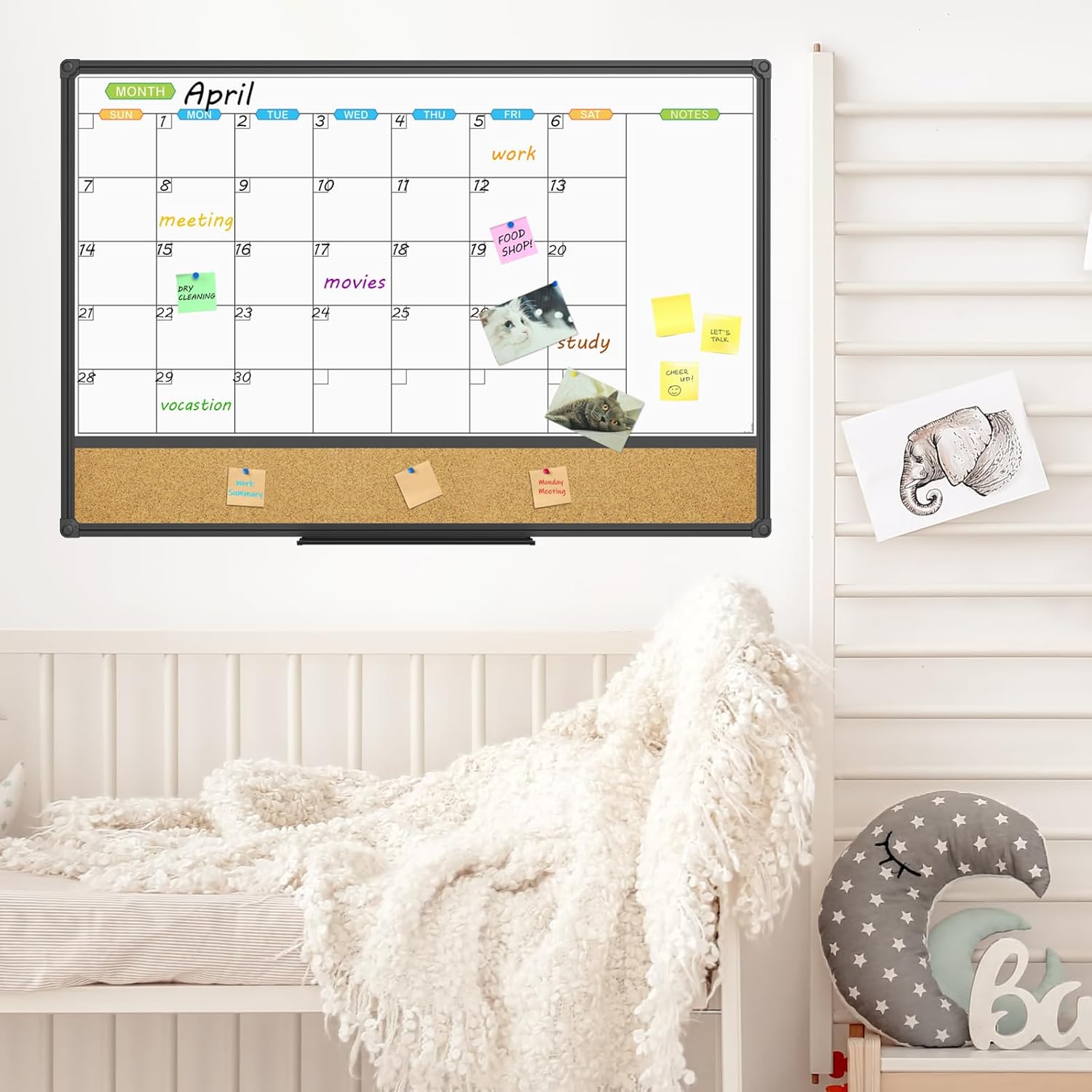 JILoffice Magnetic Calendar Whiteboard & Bulletin Corkboard Combination, Combo Board 36 x 24 Inch, Black Aluminum Frame Wall Mounted Board for Office Home and School with 10 Push Pins - Lumora Desk