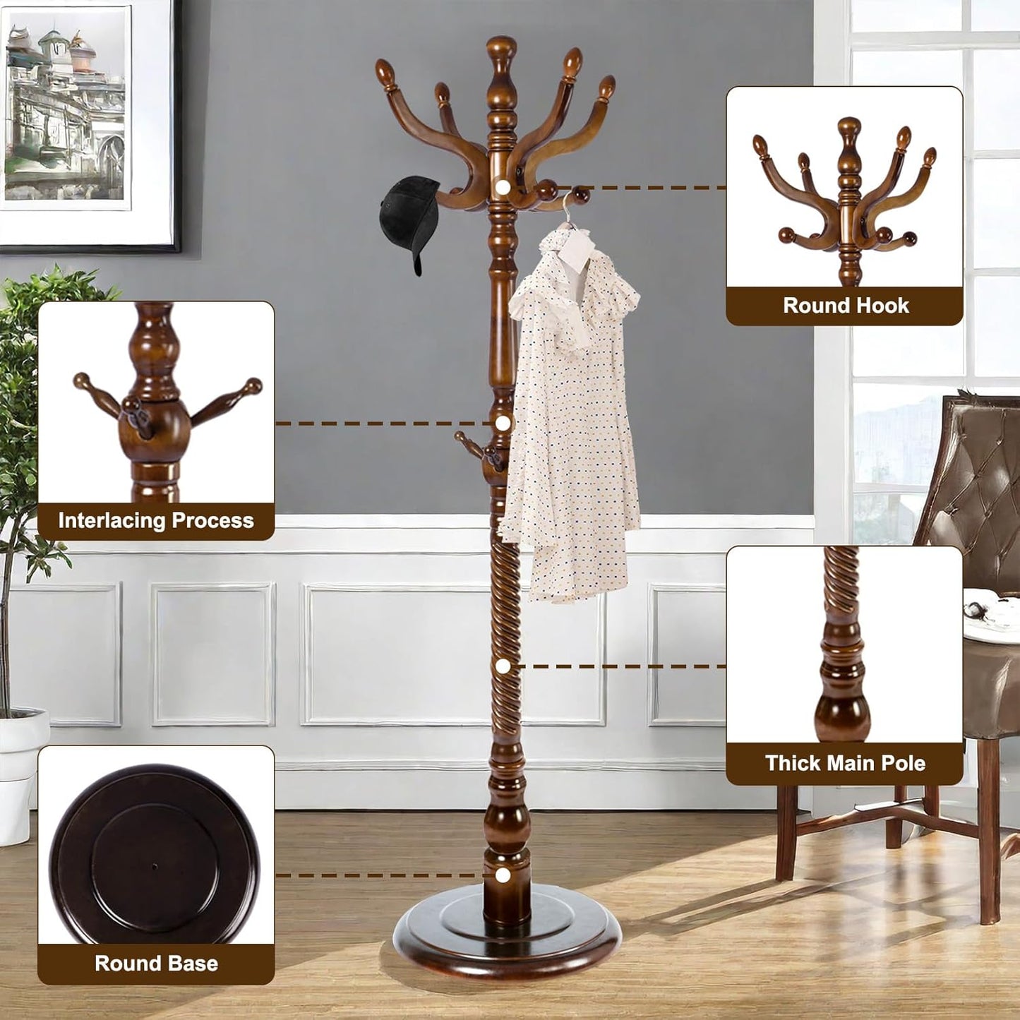 Solid Wood Coat Stand, Freestanding with Stable Base, 70" Birch Coat Tree Organizer for Home, Bedroom, Office, Hallway & Entryway with 11 Hooks