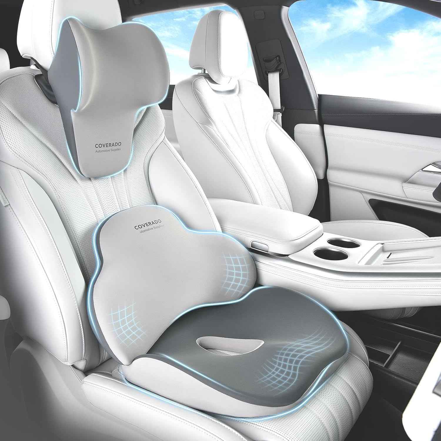 Coverado Car Seat Cushion and Lumbar Support with Headrest Pillow Memory Foam Ergonomic Back Support Driving Seat Cushion Neck Head Pillow, Back Pain Relief, Cushion for Car Driver Office