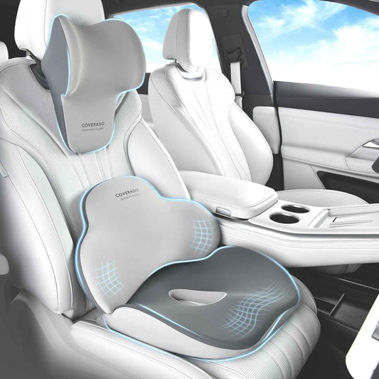 Coverado Car Seat Cushion and Lumbar Support with Headrest Pillow Memory Foam Ergonomic Back Support Driving Seat Cushion Neck Head Pillow, Back Pain Relief, Cushion for Car Driver Office