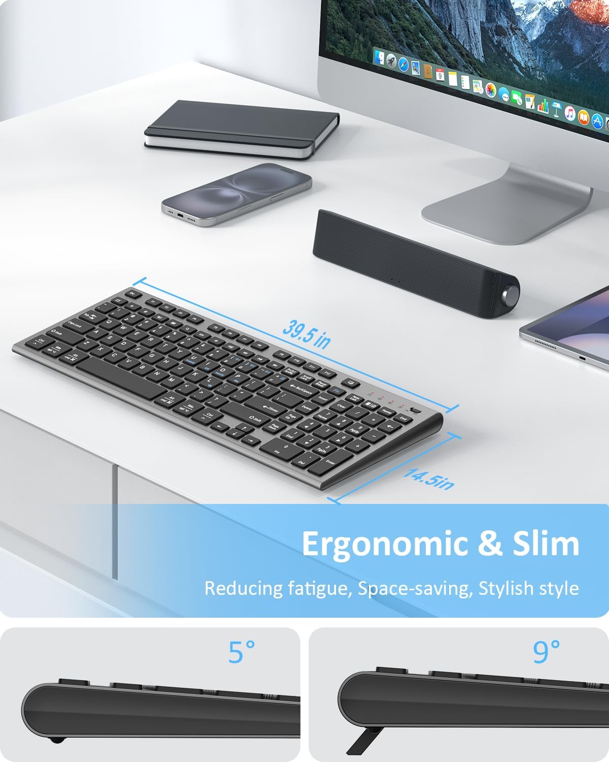 FENIFOX Wireless Keyboard, Bluetooth + USB Ergonomic Silent Quiet Rechargeable with Number Pad Compact Full Size Multi Device Keyboards for iPad Tablet Mac Computer Surface PC MacBook Laptop Blcak