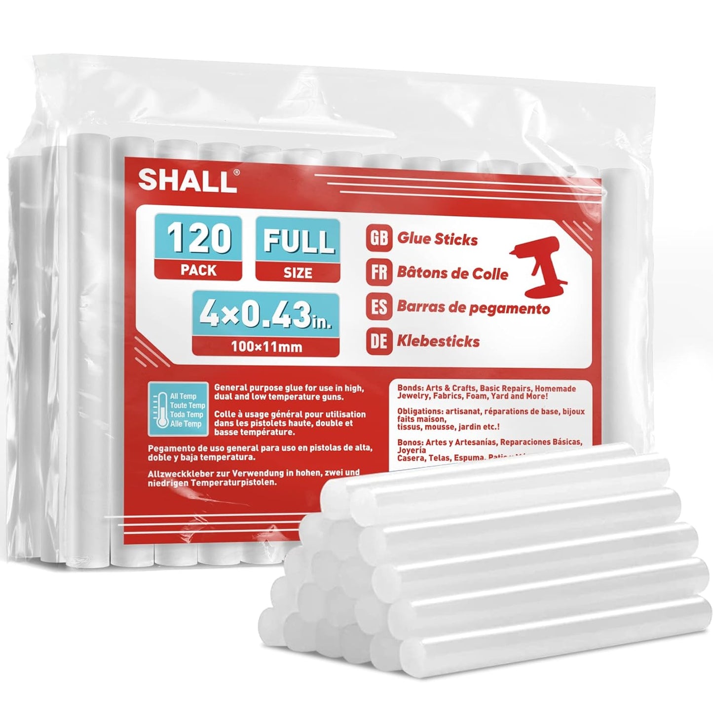 SHALL Full Size Hot Glue Sticks, 0.43” Dia x 4” Long, 120-pack Clear Hot Melt Glue Gun Sticks for All-Temp Glue Guns, Multipurpose for Kids Adults DIY Art Craft Sealing Repairing Festival Decoration