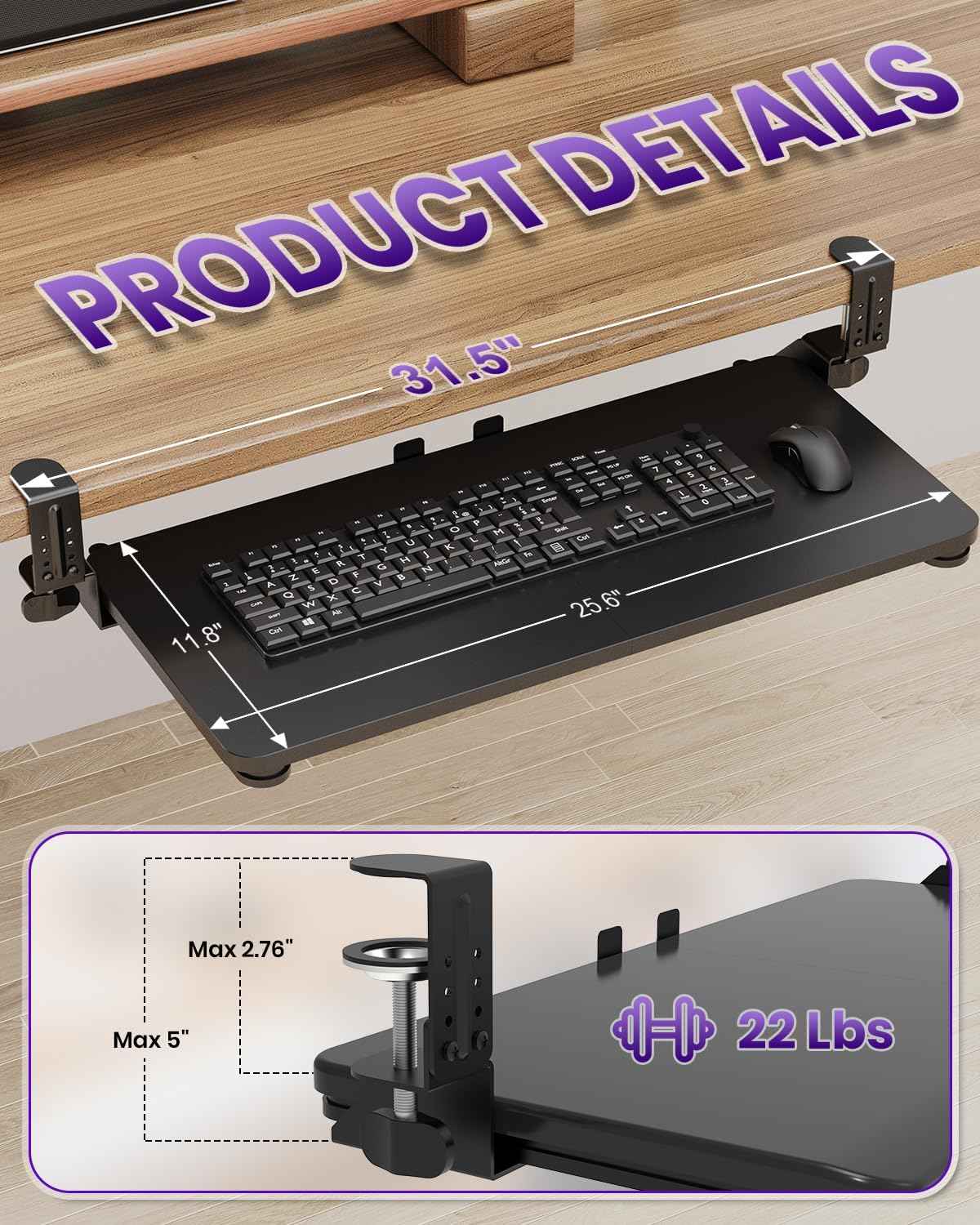 Ergonomic Keyboard Tray Under Desk, Pull Out with Adjustable C-clamp, 25.6 (31.5 Including Clamps) x 11.8 Inch Slide Out Computer Keyboard Drawer Mouse Tray for Typing, Large & Black