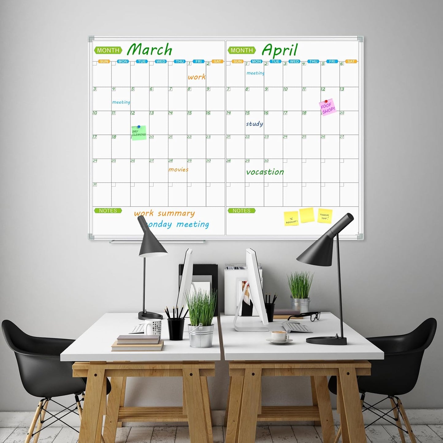JILoffice Magnetic Dry Erase Calendar Whiteboard, 2 Month White Board Planner 48 X 36 Inch, Silver Aluminum Frame Wall Mounted Board for Office Home and School - Lumora Desk