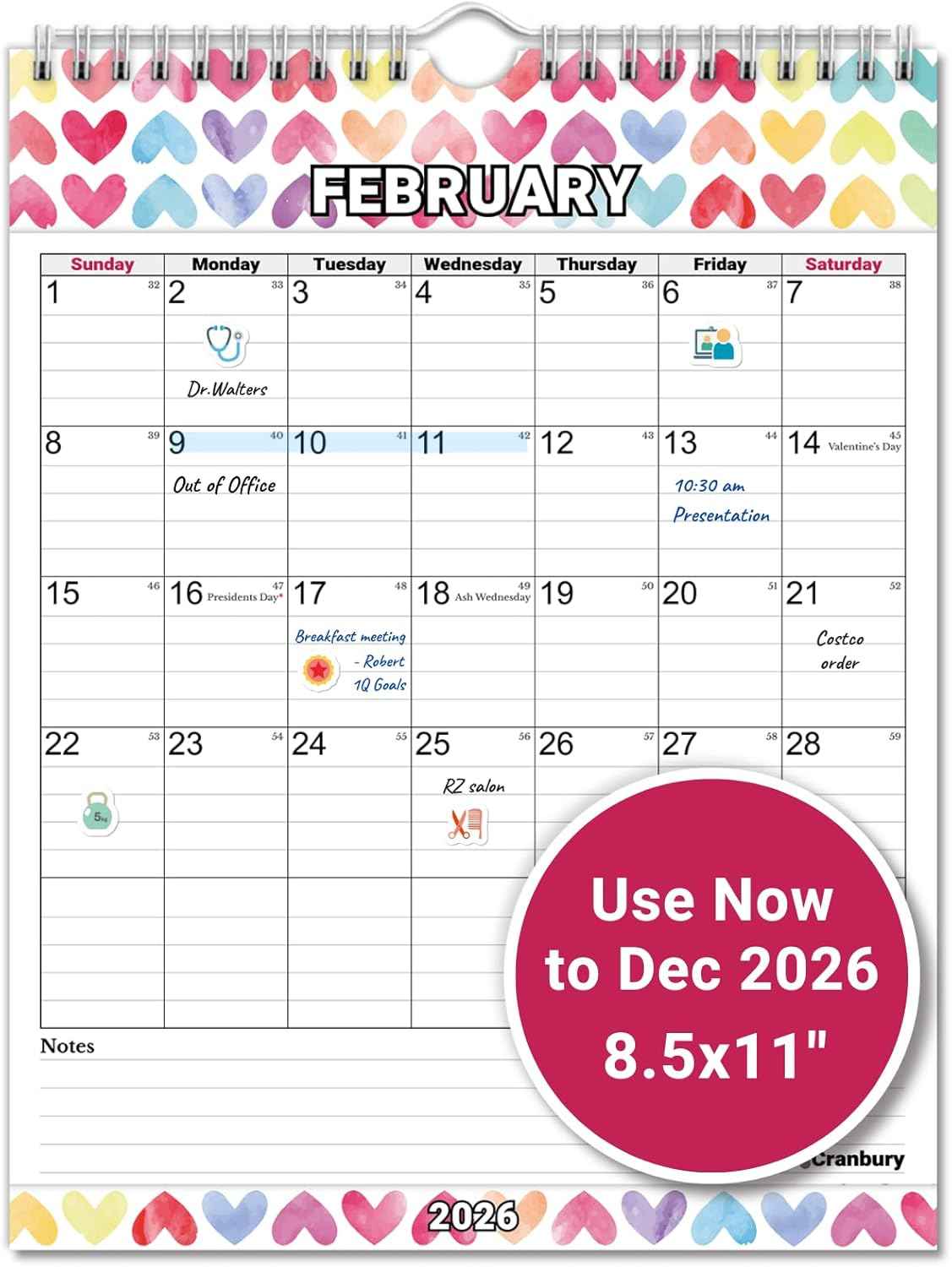 CRANBURY Small Wall Calendar 2026, 8.5x11 Vertical Calendar (Seasonal), Hanging or Desk, Starts Now and Runs Through Dec 2026, Monthly Planner for Home, School & Office, Includes Stickers
