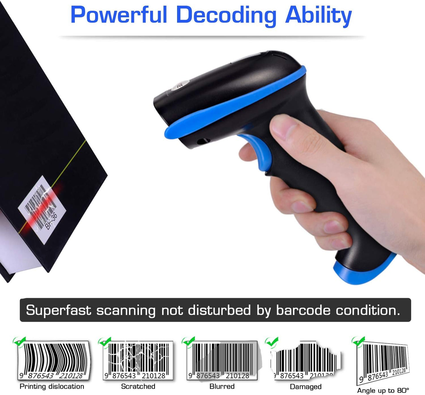 WoneNice 2.4G Wireless Barcode Scanner – 1D Handheld Cordless Barcode Reader for Retail, Warehouse, Inventory – 100ft Range, Plug & Play – Compatible with Windows, Linux, POS (Blue)