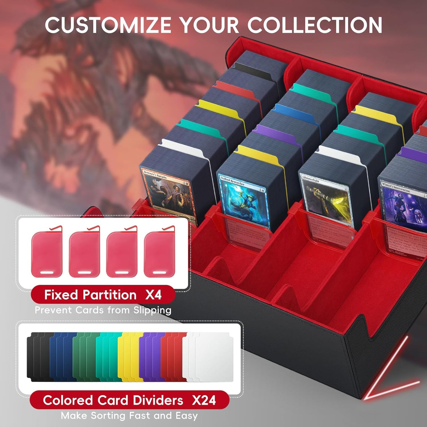 Trading Card Storage Box – Holds 3000+ Cards, PU Leather Commander Deck Box with Magnetic Closure, 24 Dividers & 4 Card Supports, 4-Row Organizer for MTG, PTG, Sports Cards