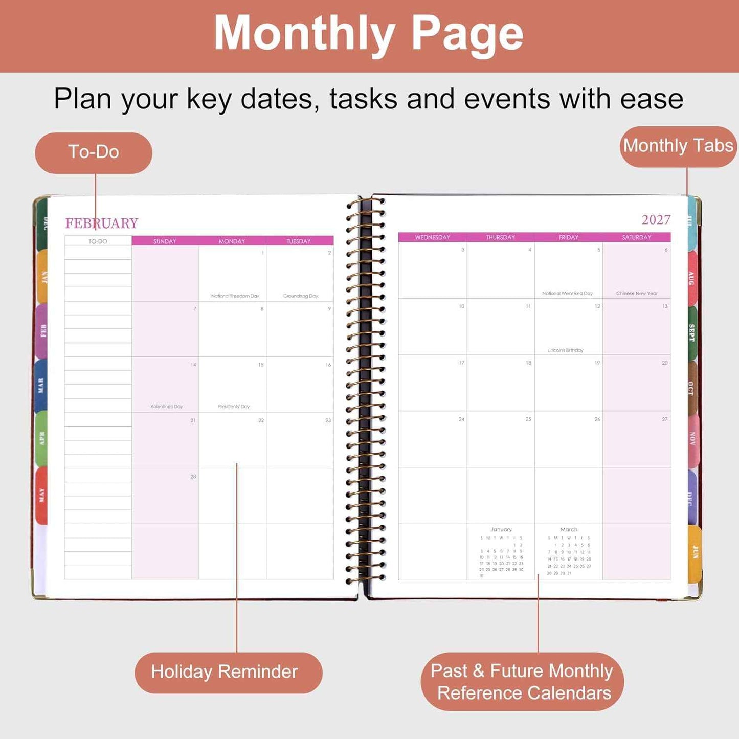 Planner 2026-2027, Leather Two-Tone Planner, 18 Month Weekly and Monthly Planner Calendar with Tabs, Jul 2026–Dec 2027, Large 8.5" x 11" A4 Hardcover Spiral Agenda Planner for Home, School and Work （Pink）