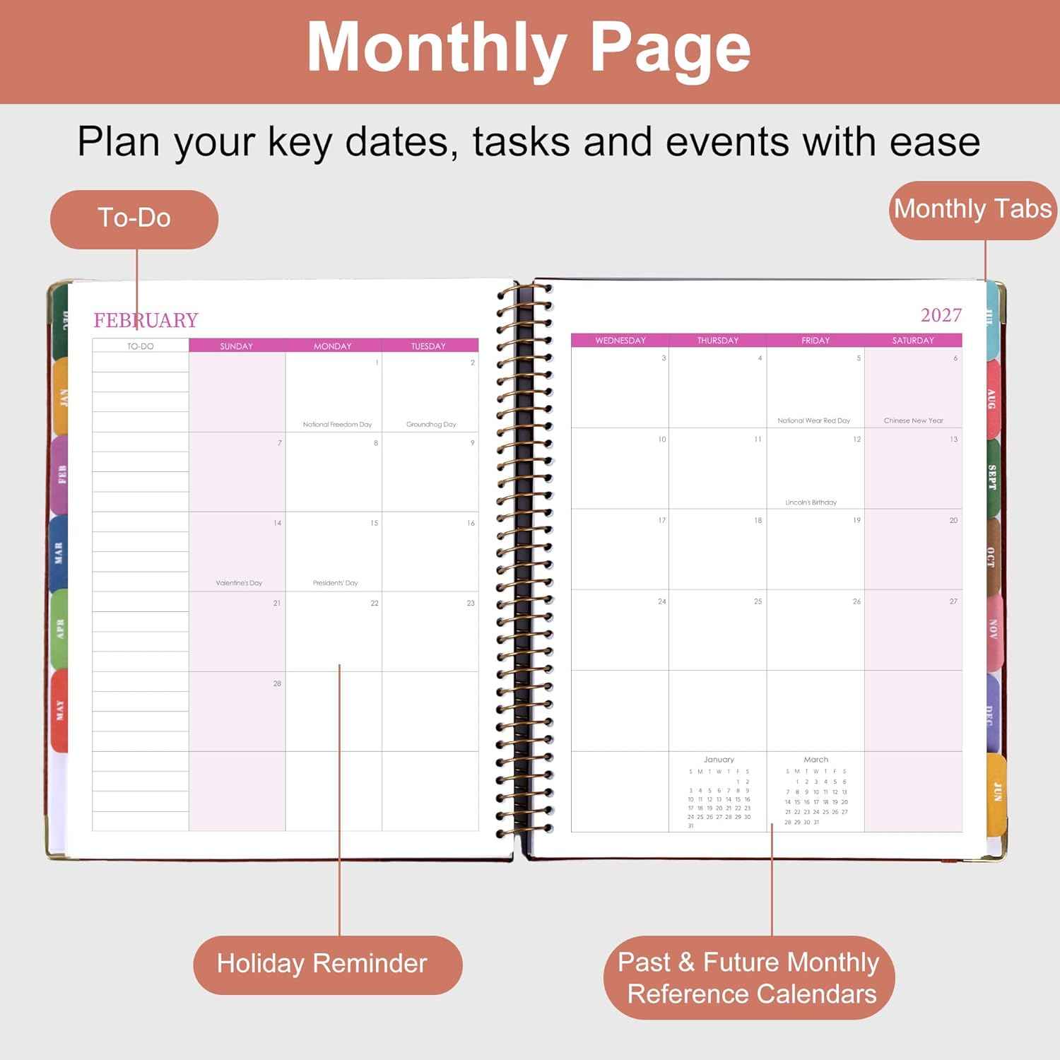 Planner 2026-2027, Leather Two-Tone Planner, 18 Month Weekly and Monthly Planner Calendar with Tabs, Jul 2026–Dec 2027, Large 8.5" x 11" A4 Hardcover Spiral Agenda Planner for Home, School and Work （Pink）