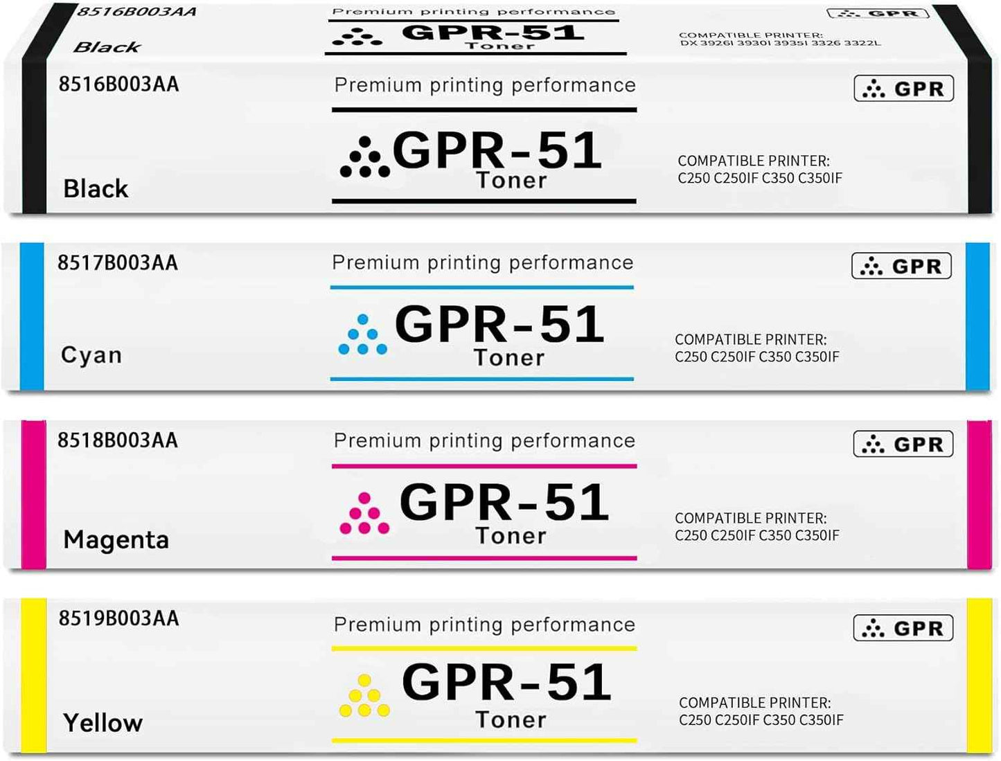 High Yield GPR-51 GPR51 Toner Cartridge with New Chip Compatible for Canon 8516B003AA 8517B003AA 8518B003AA 8519B003AA for ImageRunner Advance C250if C255if C350if C350p C355if Color Laser Printer