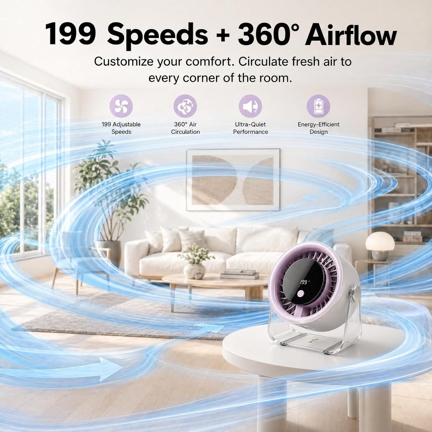 Coolking Portable Desk Fan for Bedroom, 199 Speeds Rechargeable USB Table Fan with 4000mAh Battery, 360° Rotation, LED Display, Quiet Wall-Mountable Personal Cooling Fan for Home Office (Purple)