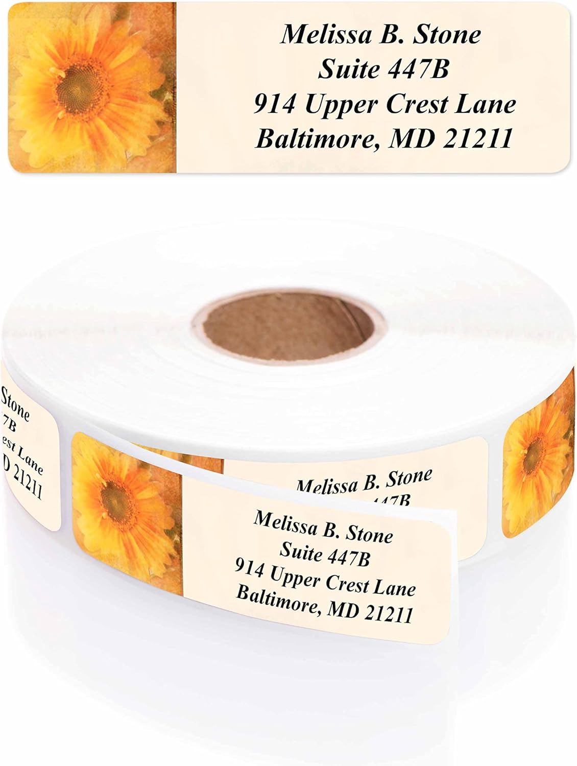 Golden Sunflower Designer Rolled Address Labels with Elegant Plastic Dispenser - Lumora Desk