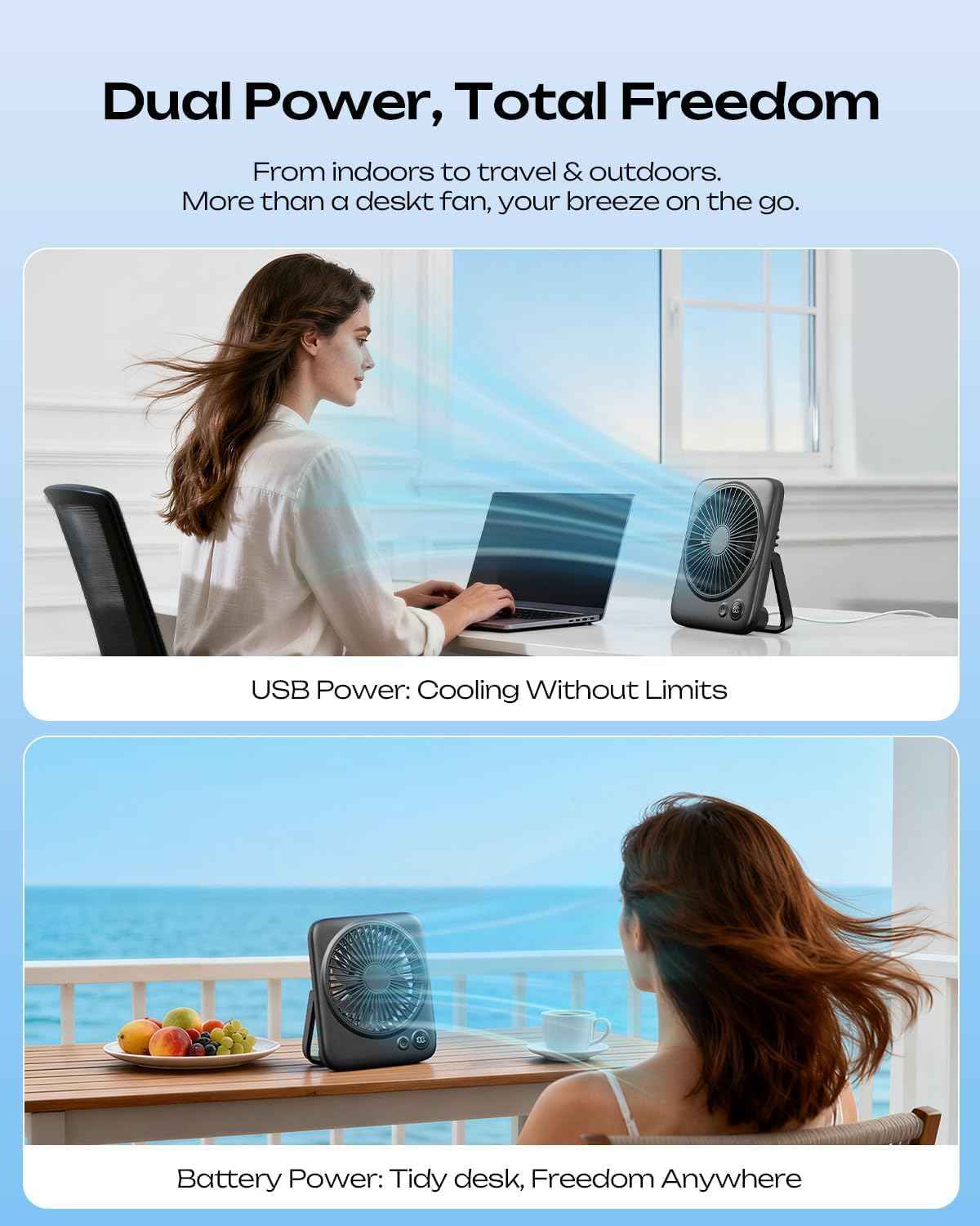 Otlonpe Portable Desk Fan 6.5 Inch, 4000mAh Rechargeable Battery Operated & USB Powered, 23Hrs Cordless Small Personal Fan 4-Speed Quiet for Office Travel Home Sleeping, Led Display, Foldable (Black)