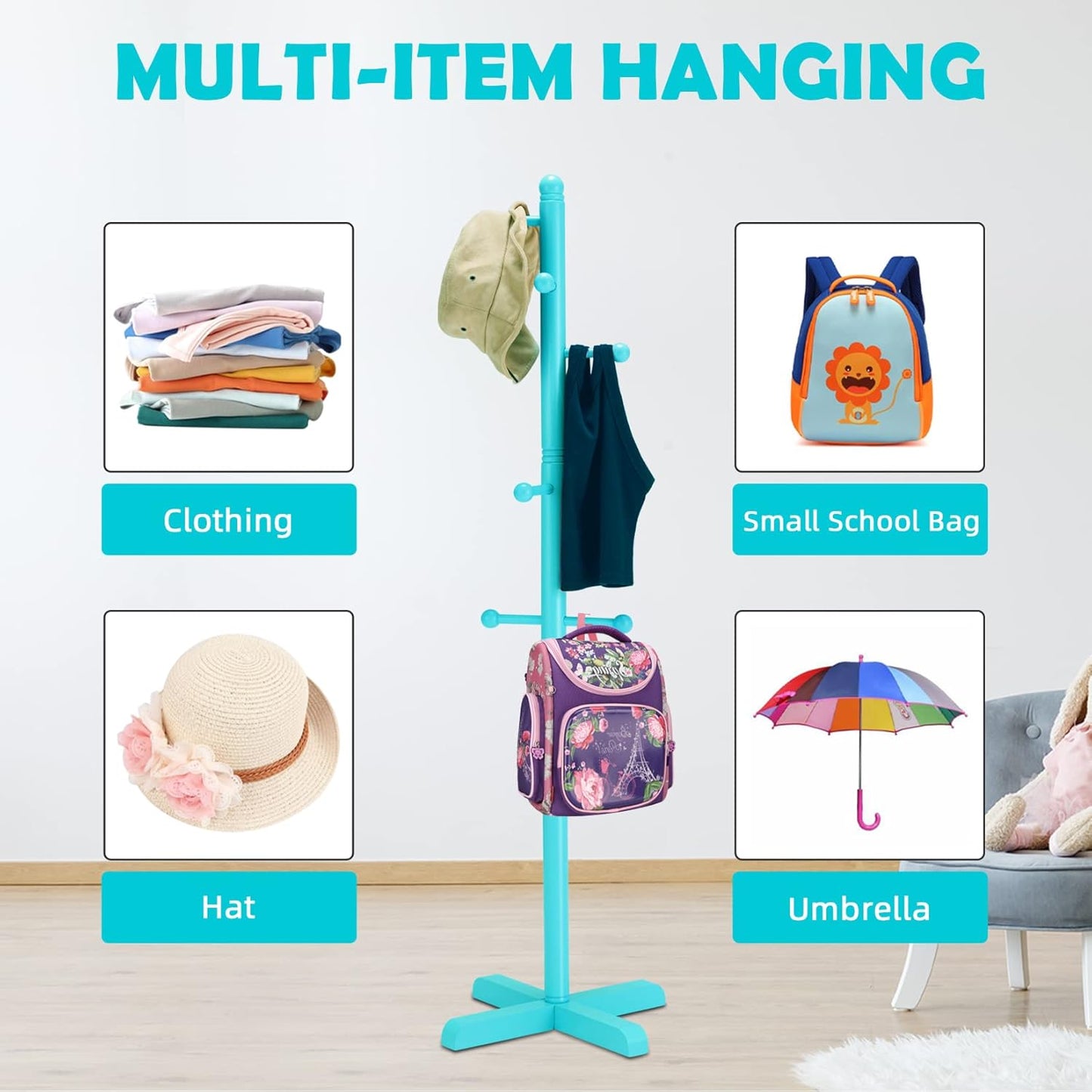 Kids Coat Rack, Freestanding Coat Racks with 8 Hooks 2 Adjustable Height, Tree Coat Rack for Bedroom, Hallway, Entrance, Office, Hats, Handbags,Purse (Blue) - Lumora Desk