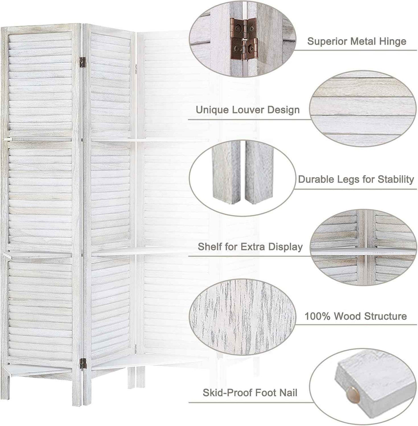 Room Divider with Shelves, Privacy Screen, Room Dividers and Folding Privacy Screens, 5 Panel Wood Temporary Wall Partition Separation Separator, Distressed White