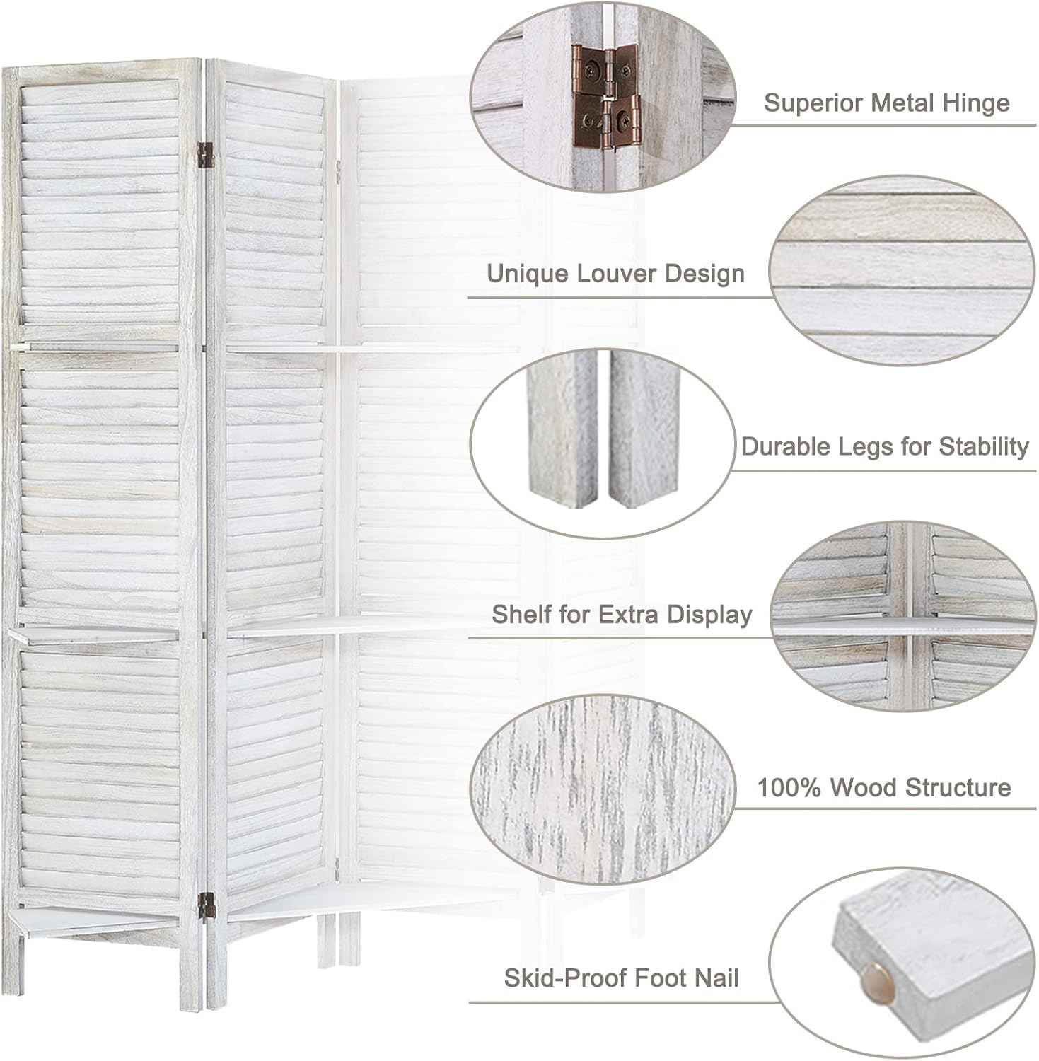 Room Divider with Shelves, Privacy Screen, Room Dividers and Folding Privacy Screens, 5 Panel Wood Temporary Wall Partition Separation Separator, Distressed White