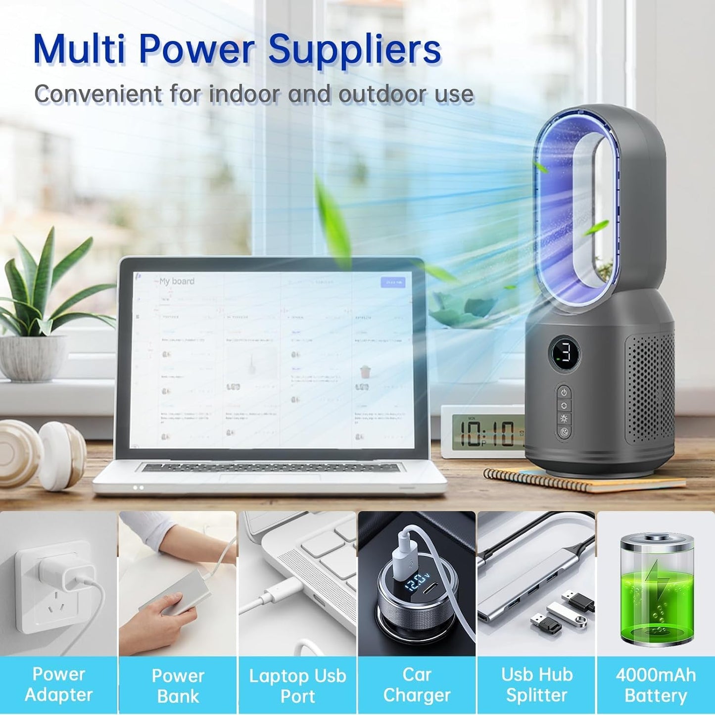 Desk Fan,13 Inch Portable Bladeless Fan, Small Quiet Office Fan with 106° Oscillating, 3 Speeds & Night light, LED Display,Button Control, Personal Battery Operated Table Fan for Bedroom, Office, Home