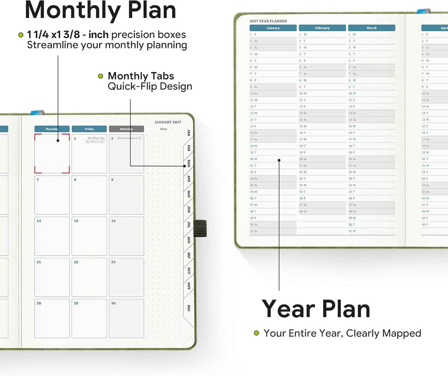 2026-2027 Weekly and Monthly Planner (July 2026–December 2027), 6.5"x8.5", Vertical Layout, 18 Months Agenda with Month Tabs & Pocket, Academic Calendar with Vegan Leather Cover,Olive Green