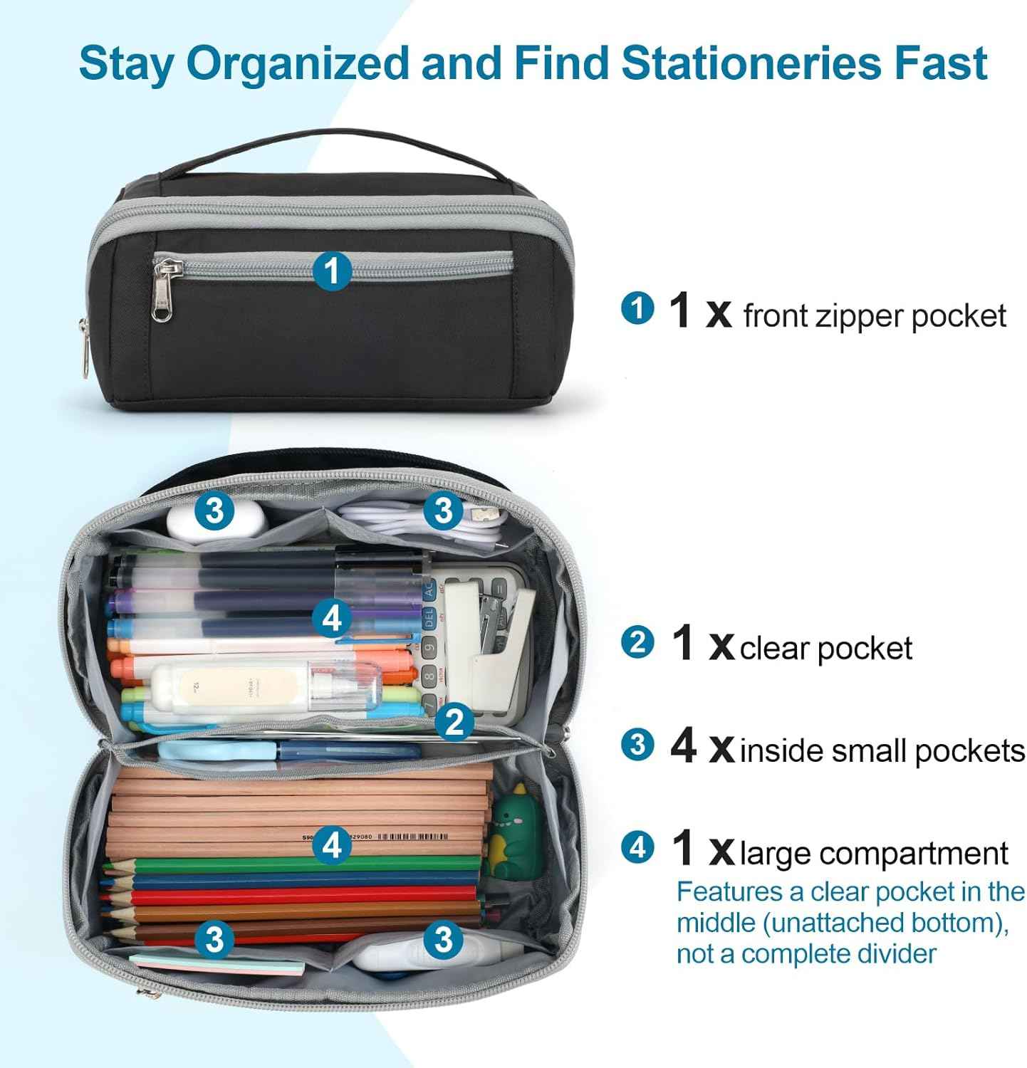 Large Capacity Pencil Case - Pencil Pouch for Teen Boys, Aesthetic Pouch Organizer with 8 Compartments, Wide Opening Marker Bag for Middle High School College, Fits Calculator, Black