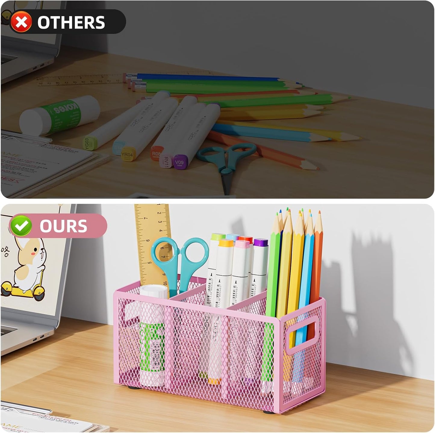 Marbrasse Mesh Pen Holder for Desk,Pencil Holder Desk Organizer 3 Adjustable Compartments,Pencil Cup with Handle Perfect for Classroom, Office, Home,Makeup,Art (Pink)
