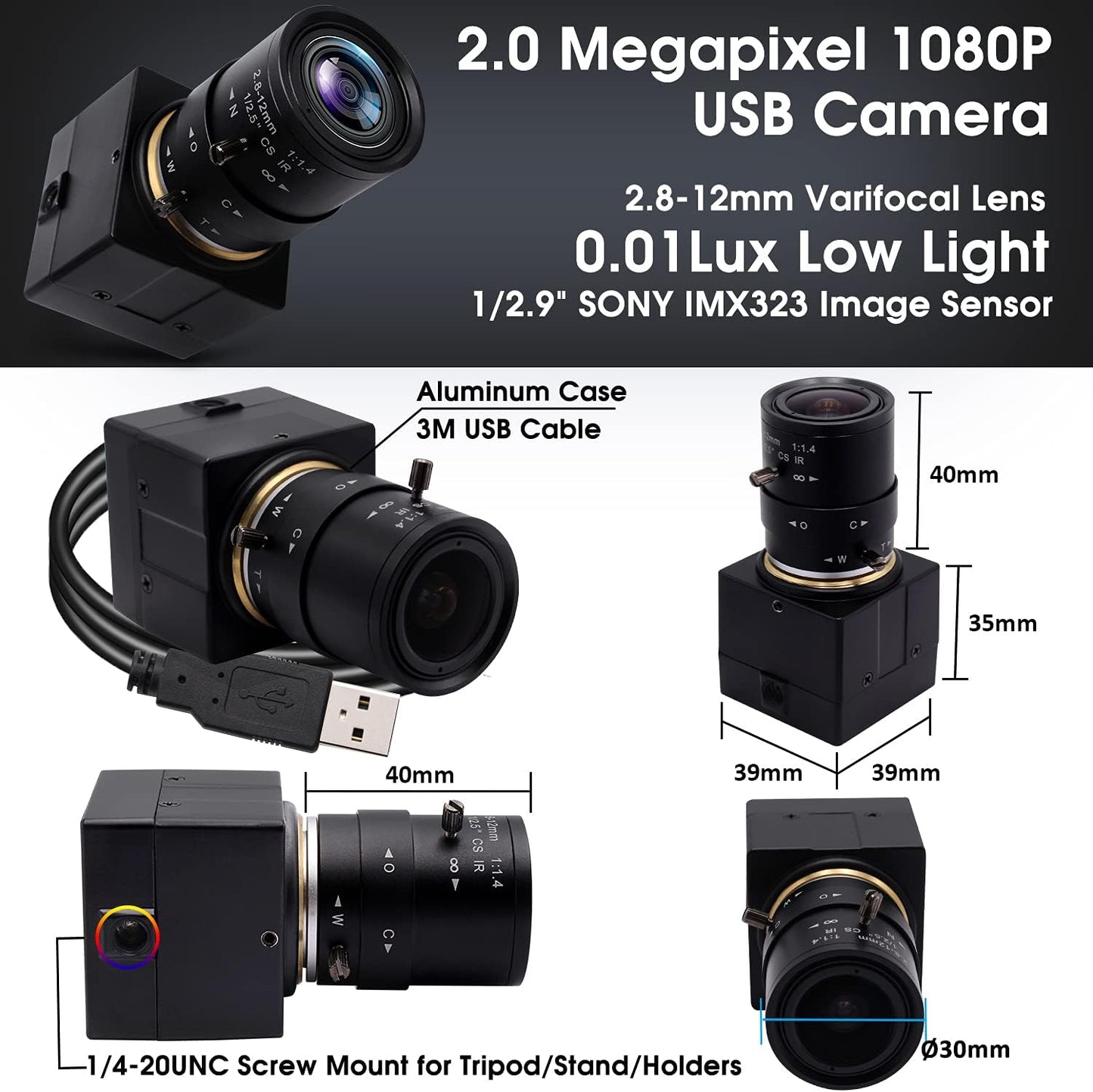 SVPRO USB Camera 1080P HD Webcam with Zoom Lens 2.8-12mm,Manual Focus Web Cam for Computer,H.264 Low Light Camera with Sony IMX323 Sensor for Streaming/Video Conference/Studio