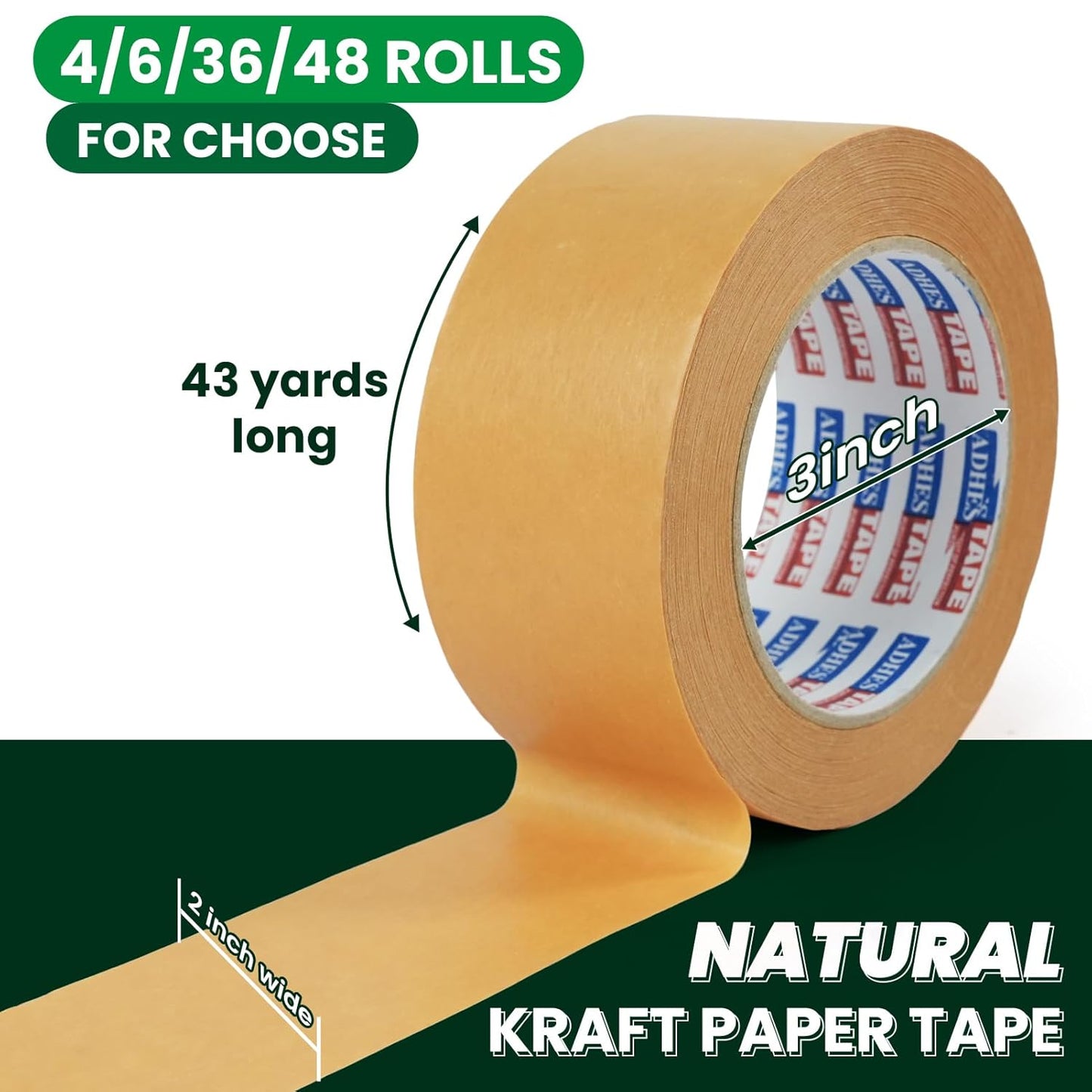 ADHES Kraft Paper Tape, 2 Inch x 44 Yards, 6 Rolls Writable & Uncoated Heavy Duty Paper Tape, Biodegradable Brown Packing Tape for Sealing, Packaging & Moving