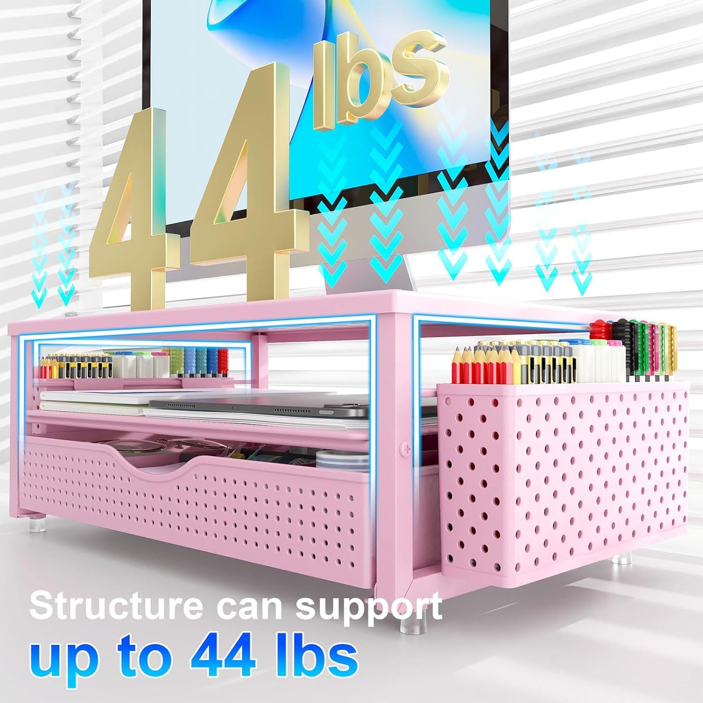 gianotter Desk Organizers and Accessories, Monitor Stand with Drawer and 2 Pen Holder, Desktop Organizer Suitable for Offices and Dormitories (Pink)