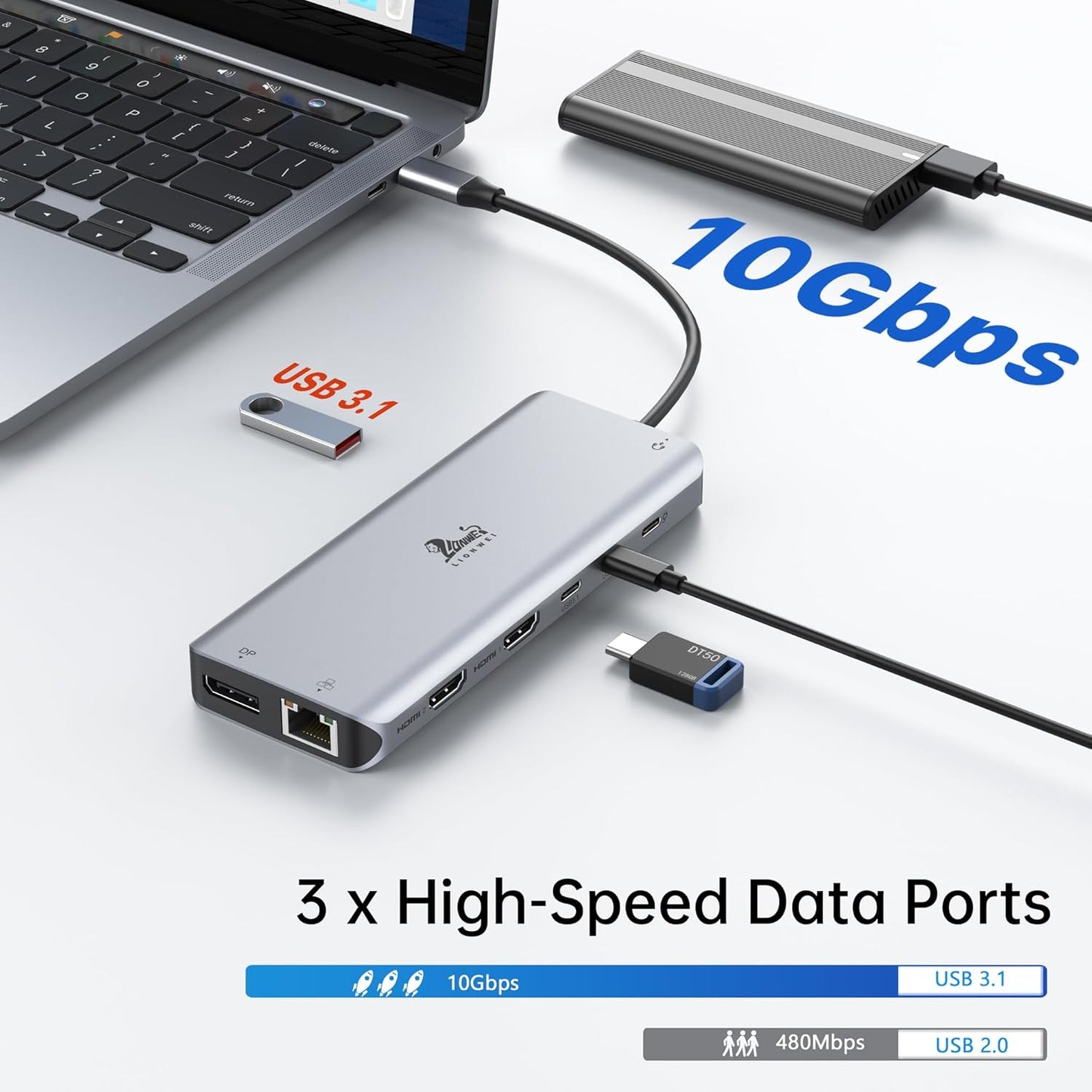 LIONWEI 13 in 1 Laptop Docking Station 2 HDMI+DisplayPort+10Gbps, 6 USB C/A, 100W PD, Ethernet, SD/TF, Audio, USB C Hub for MacBook Pro/Air/Dell/HP/Lenovo/Thinkpad