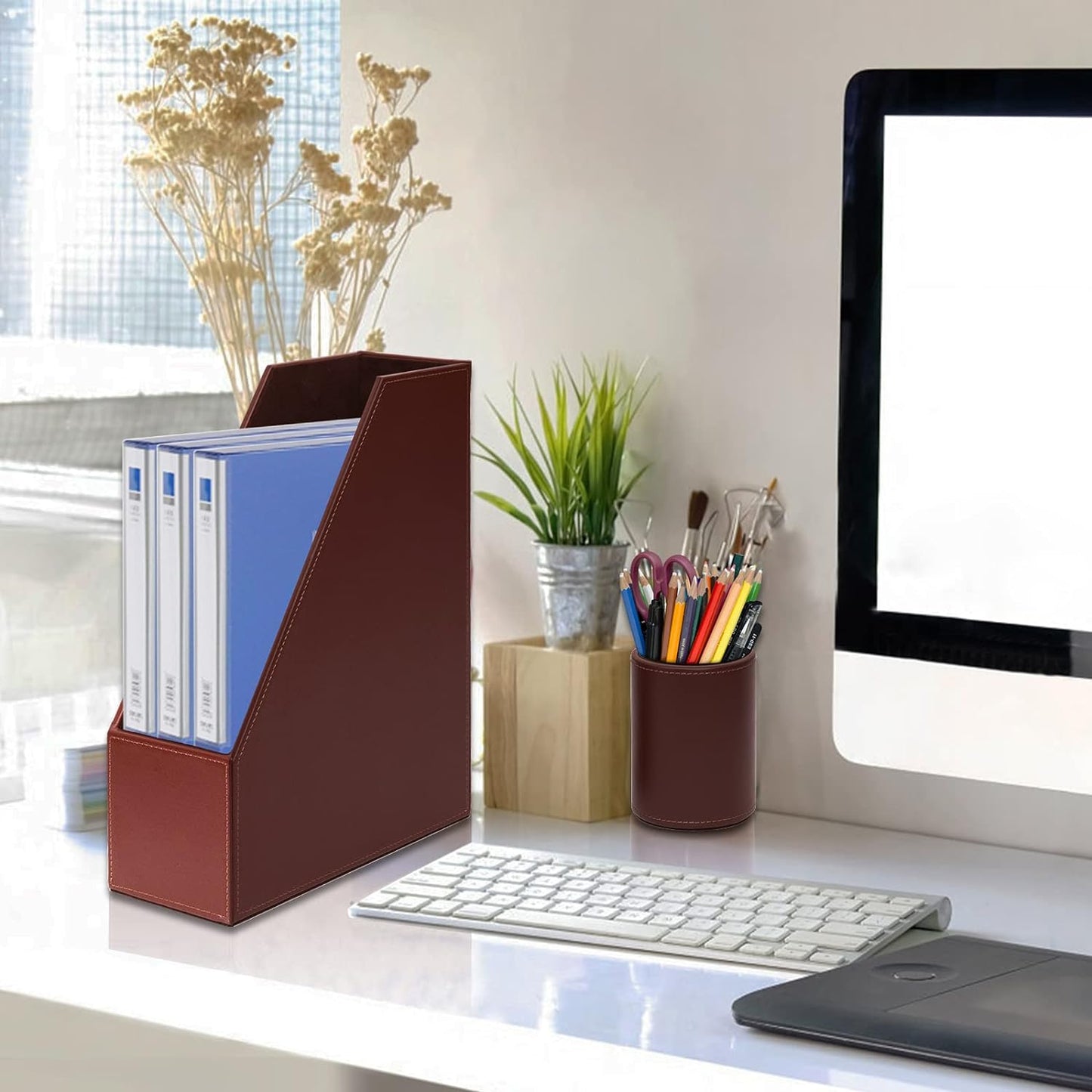 6 Piece Office Supplies/Desk Organizer Set with Desktop Leather Writing Pad,File Paper Tray,Magazine folder Holder, Pen Cup,Sticky Note Holder,Letter Mail Sorter,Workspace Decor for Women Men Brown