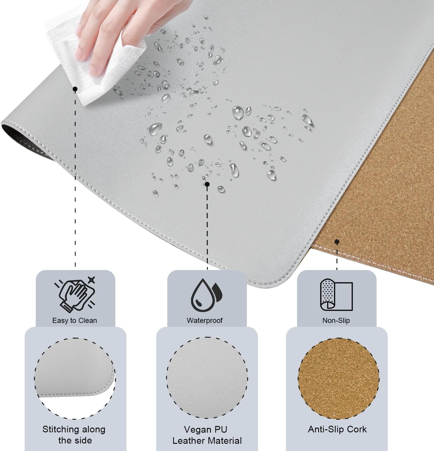 BLESWIN Large Desk Pad 35.4"" x 17"", Non-Slip Desk Mat with PU Leather & Natural Cork, Waterproof Writing Desk Natural Cork, Computer Mat Desk Protector for Office Home, Light Grey