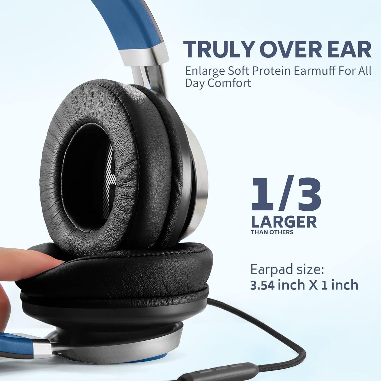 AC01 Over-Ear Headphones Wired, Passive Noise Isolating Corded Stereo Headsets with Mic Volume Control for Adults Teens 3.5mm for Chromebooks, Laptop, Computer, Tablets, Travel (Black Blue)