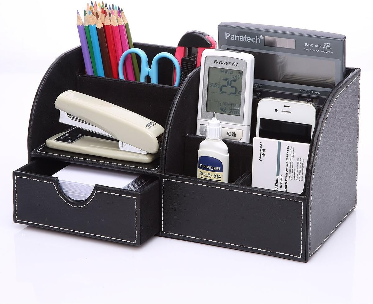 KINGFOM Office Desk Organizer Set 6 PCS Office Supply Synthetic Leather Desk Set Including Desk Organizer, Mouse Pad, File Cabinet, Document Holder, Crystal Holder and Tissue Box Holder (T02H)