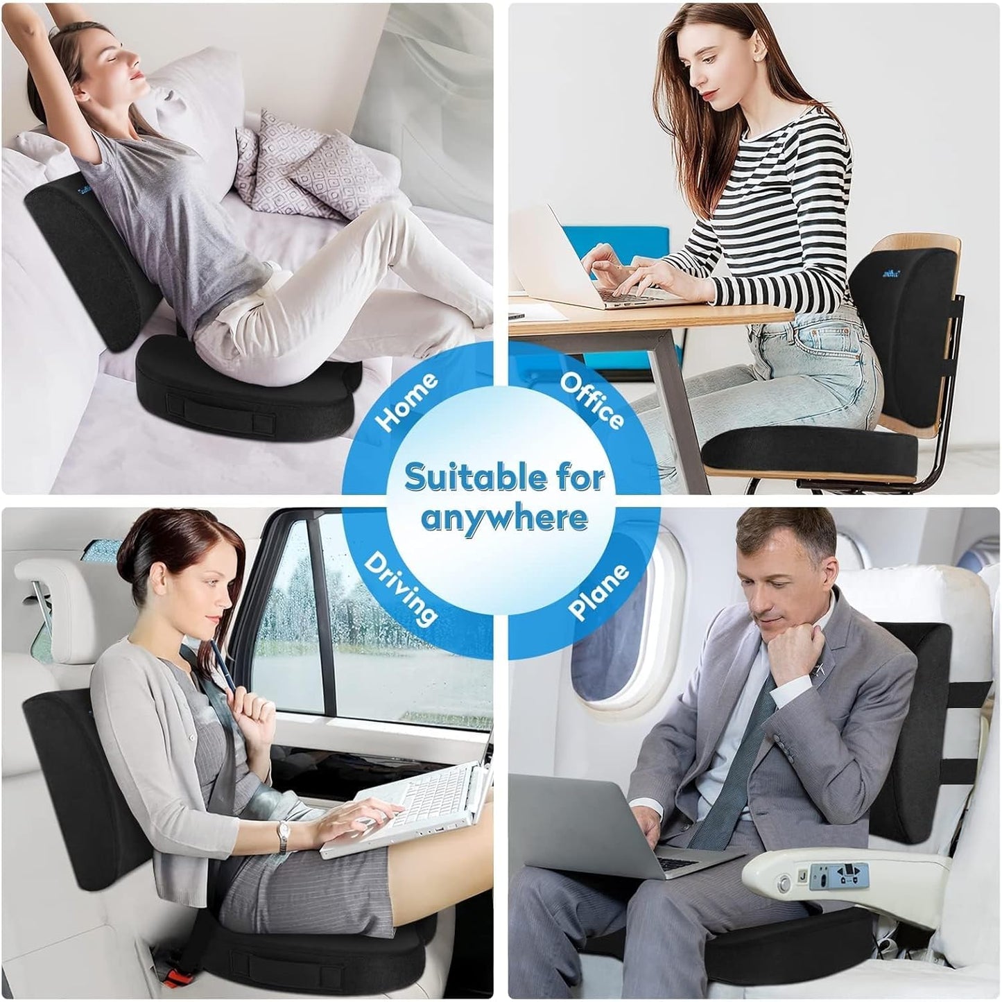 CloudBliss Lumbar Support Pillow & Seat Cushion Set for Office Chair, Desk Chair, Wheelchair & Car–Memory Foam Back Support,Ergonomic Chair Cushions,Sciatica Pain Relief,Home Essentials(Black,XL)