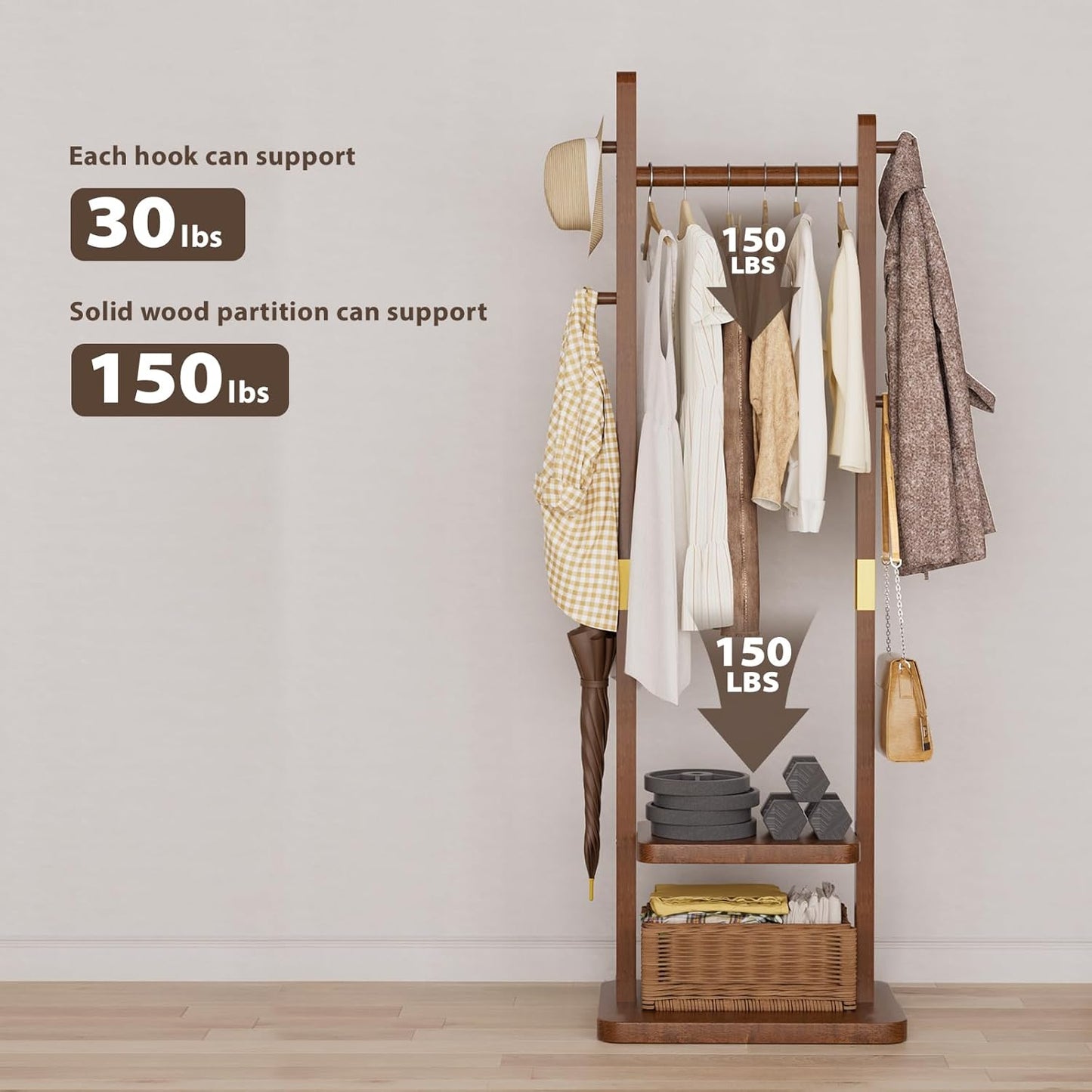 Solid Wood Coat Rack, Coat Rack Freestanding with 2 Shelves and 5 Hooks, Heavy Duty Coat Tree for Entryway，Living room，Coat Hanger Stand for Hats, Bags (Walnut Brown) - Lumora Desk