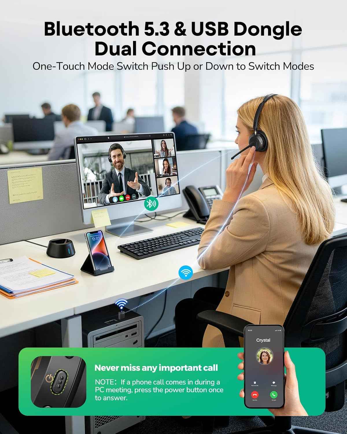 Wireless Headset with Mic for Work, AI ENC Noise Cancelling for Clear Call & Meeting, Single Ear Work Headset with Charge Stand for Remote & Office. Bluetooth 5.3 & USB 2.4G Dongle for Zoom & Teams