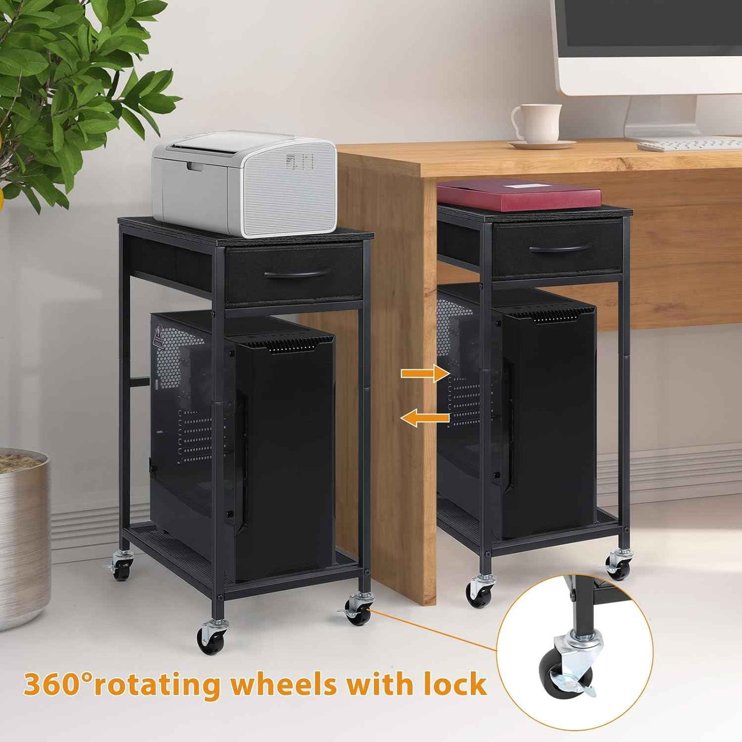 YBING PC Stand 2 Tier Computer Tower Stand with Drawer Mobile Computer Cart with Storage Metal CPU Holder on Wheels Pc Tower Stand Black Rolling Computer Tower Stand Floor for Office