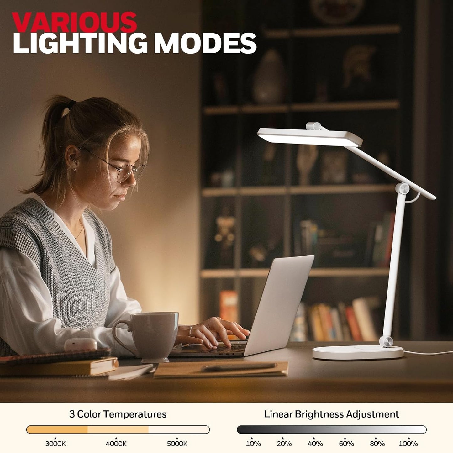 Honeywell Desk Lamp for Home Office, H4 Sunturalux™ Eye-Caring LED Desk Light, 700LM Dimmable Desk Lamp with Timer, Adjustable Desk Reading Light, Touch Auto Dimming Table Lamp for Study, Bedroom - Lumora Desk