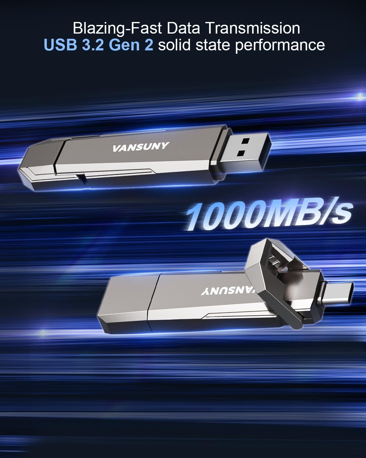 Vansuny 256GB USB Solid State Drive Up to 1000MB/s USB 3.2 Gen 2 Dual SSD USB A + Type C Portable External SSD for Android Phone Tablet Laptop MacBook PC