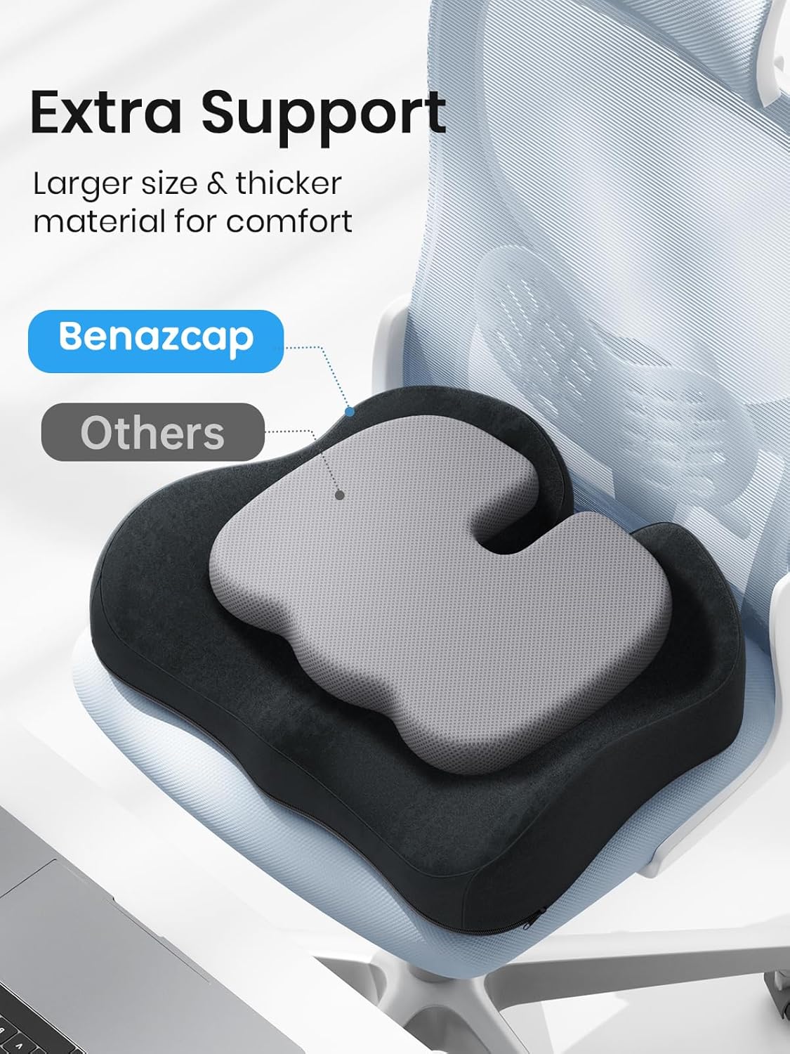 Benazcap Seat Cushion - Memory Foam Office Chair Cushion Seat Pad - Sciatica & Lower Back Pain Relief - Car Seat Cushions for Driving Seat Cushions