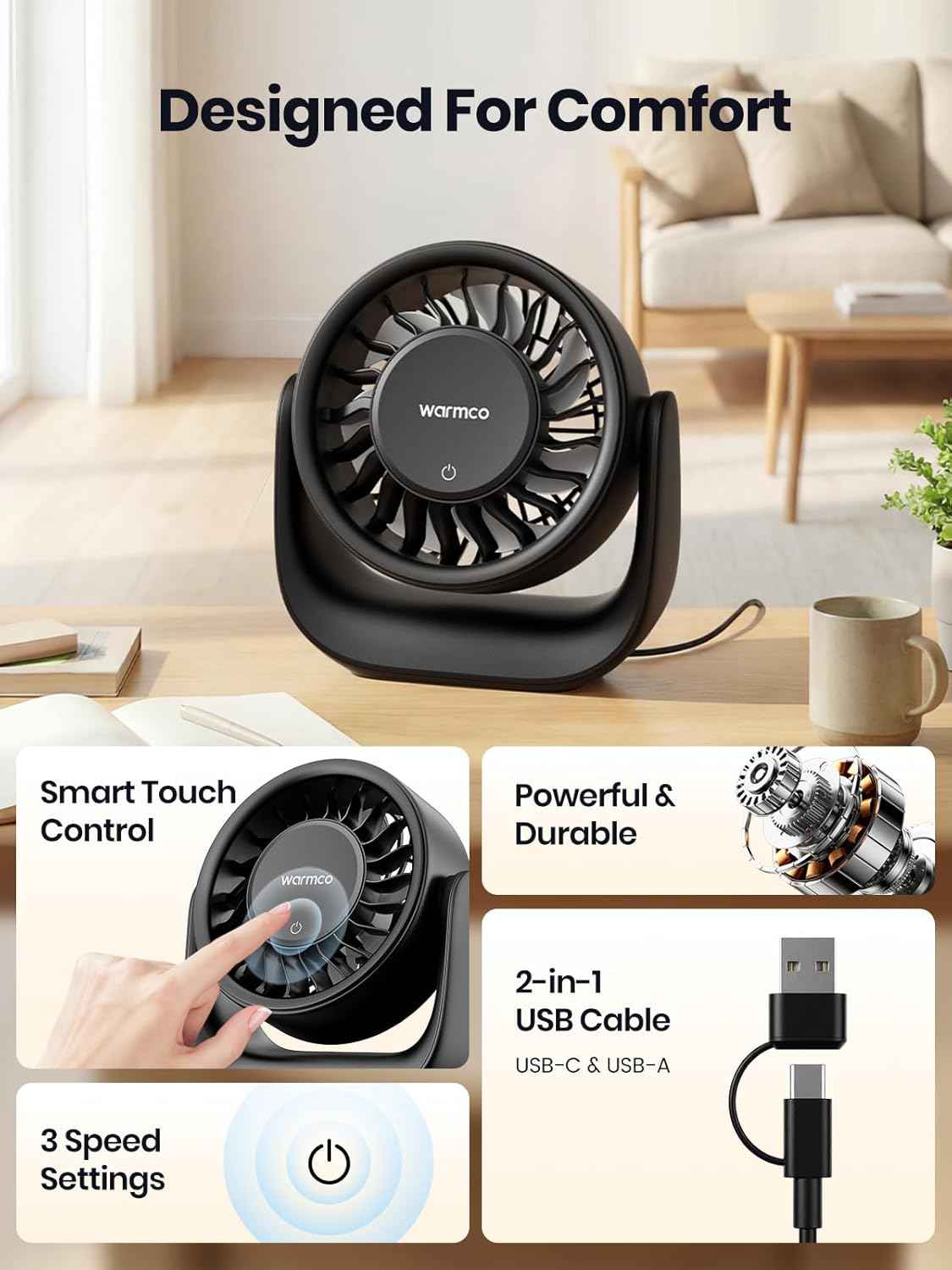 Warmco USB Desk Fan with Touch Control, (USB Powered Only, No Battery) Small Personal Desktop Fan, USB-A & USB-C Plug, 3 Speeds Strong Airflow, Quiet Table Fans for Home Office Dorm