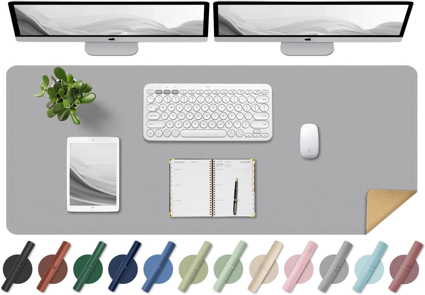 BLESWIN Large Desk Pad, 55'' x 17'', PU Leather & Cork, Office Desk Mat, Light Gray