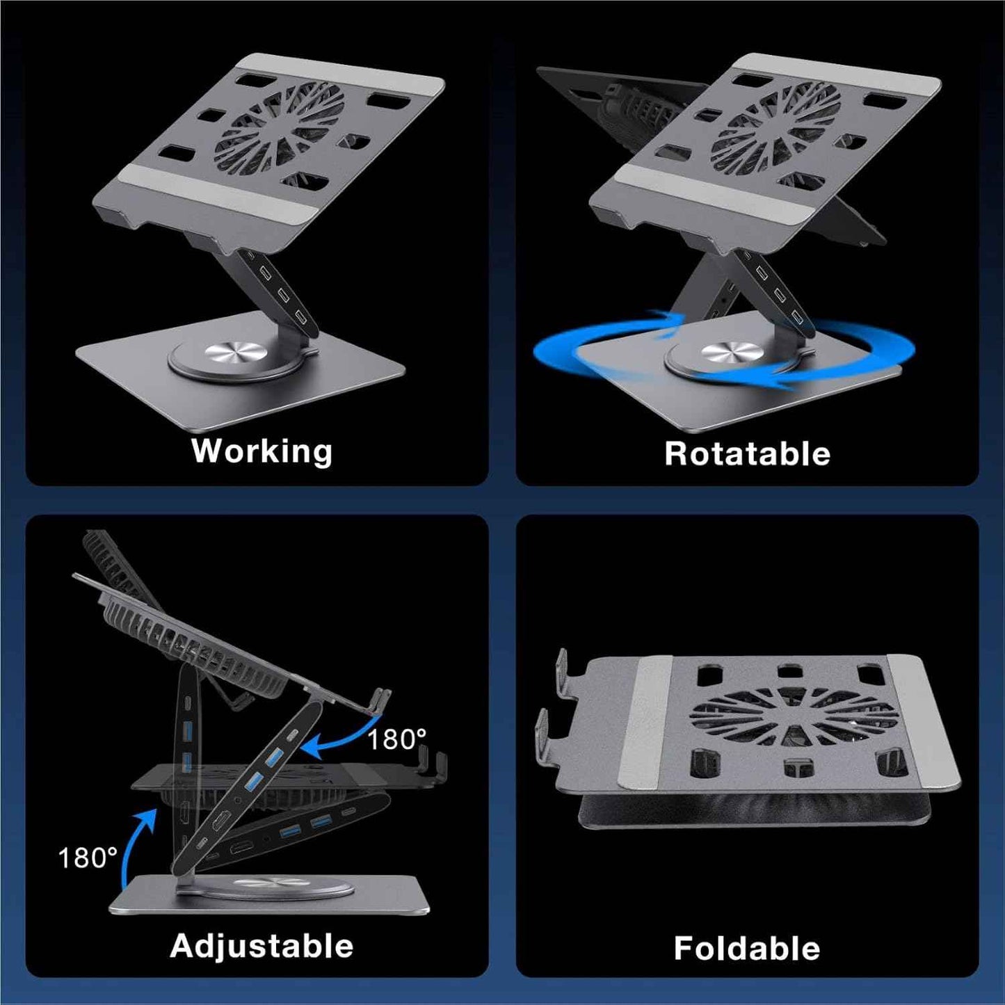 USB-C Hub Laptop Stand with Fan, Aluminum Laptop Riser with Docking Station 9-IN-1, 4K@60Hz HDMI, 100W PD Charging, USB 3.0, 3.5mm Audio, 360° Swivel, for MacBook Pro/Air, iPad Pro & Type-C Laptops