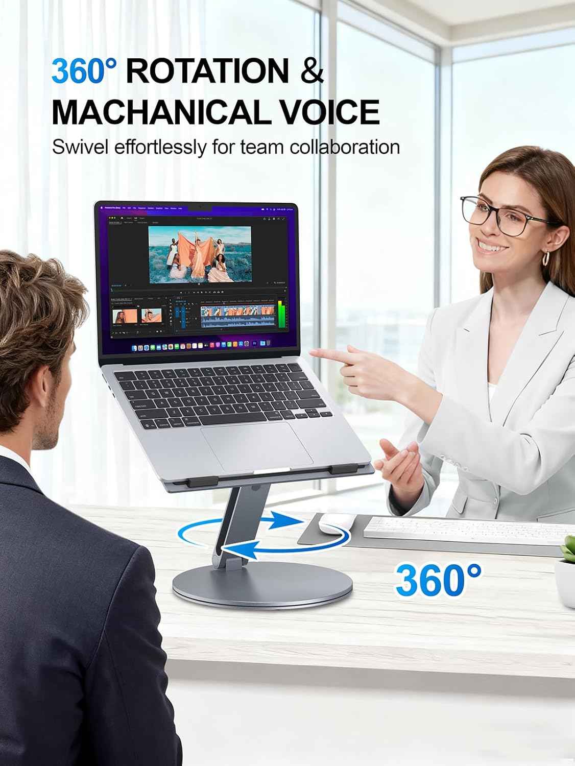 YICOSUN Adjustable Laptop Stand for Desk - 360° Rotating Ergonomic Riser with Aluminum Cooling Vents & Sturdy Construction for 10-16 Inch MacBook Pro/Air, Foldable Portable for Office & Home - Gray