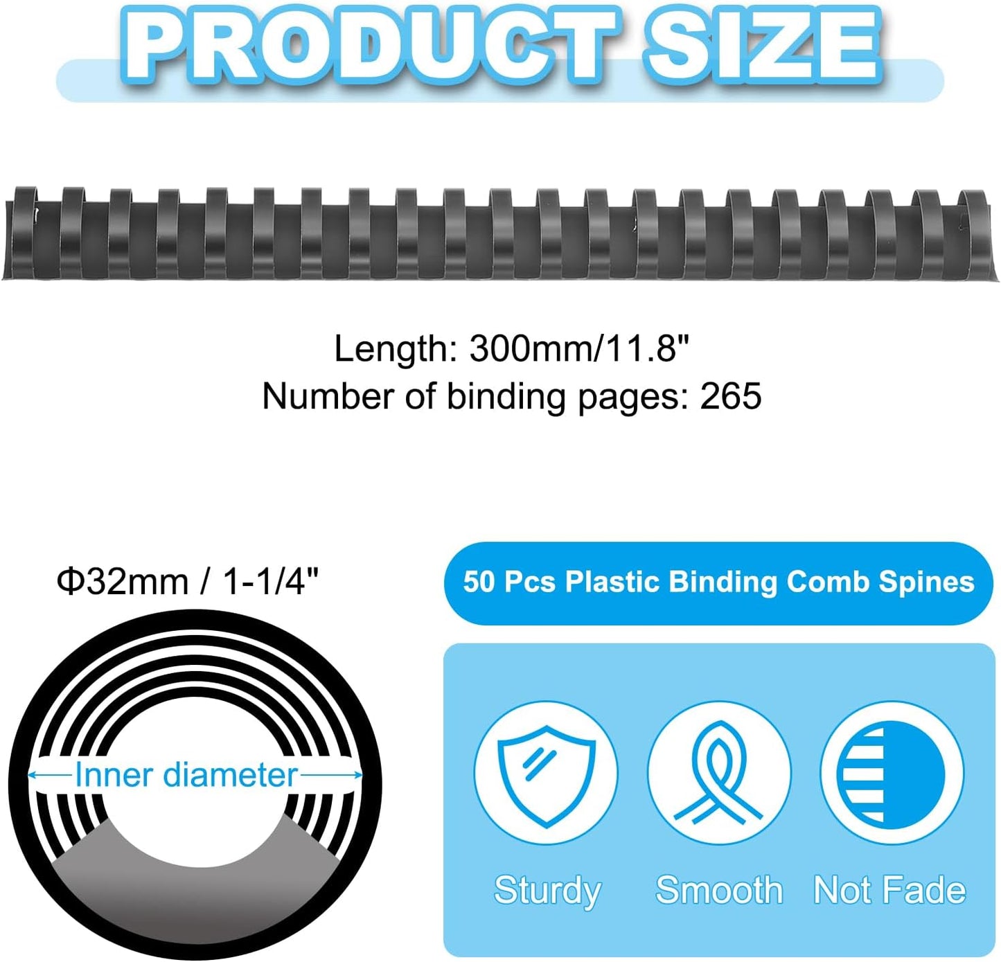 PATIKIL 32mm (1-1/4") Plastic Binding Combs, 50 Pcs 21 Rings Comb Binding Spines 265 Sheet Capacity Letter Size for Binding Paper Sheets Notebook Calendar Picture Album, Black