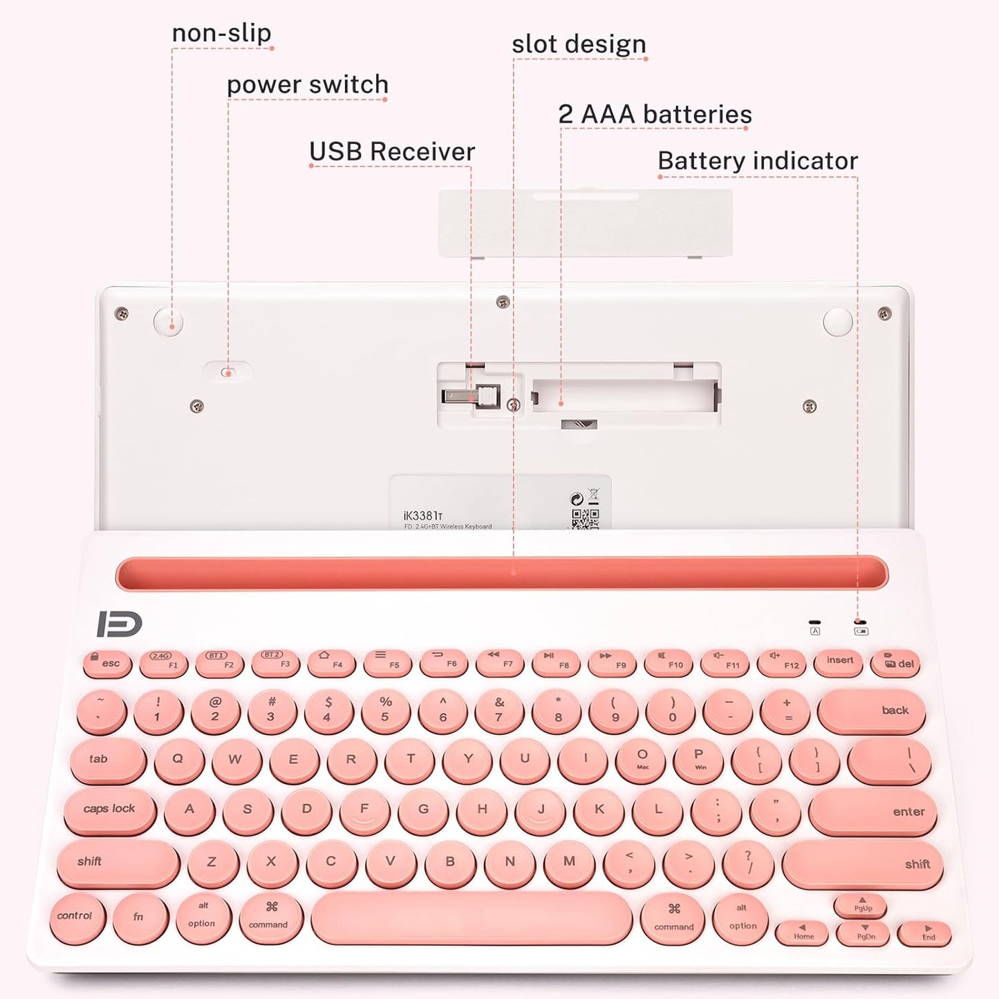 Dual Channel Multi-Device Universal Cute Wireless Bluetooth Keyboard Portable Slim with 20m Connection Distance for Tablet Smart Phone PC Windows Android iOS Mac (Pink)