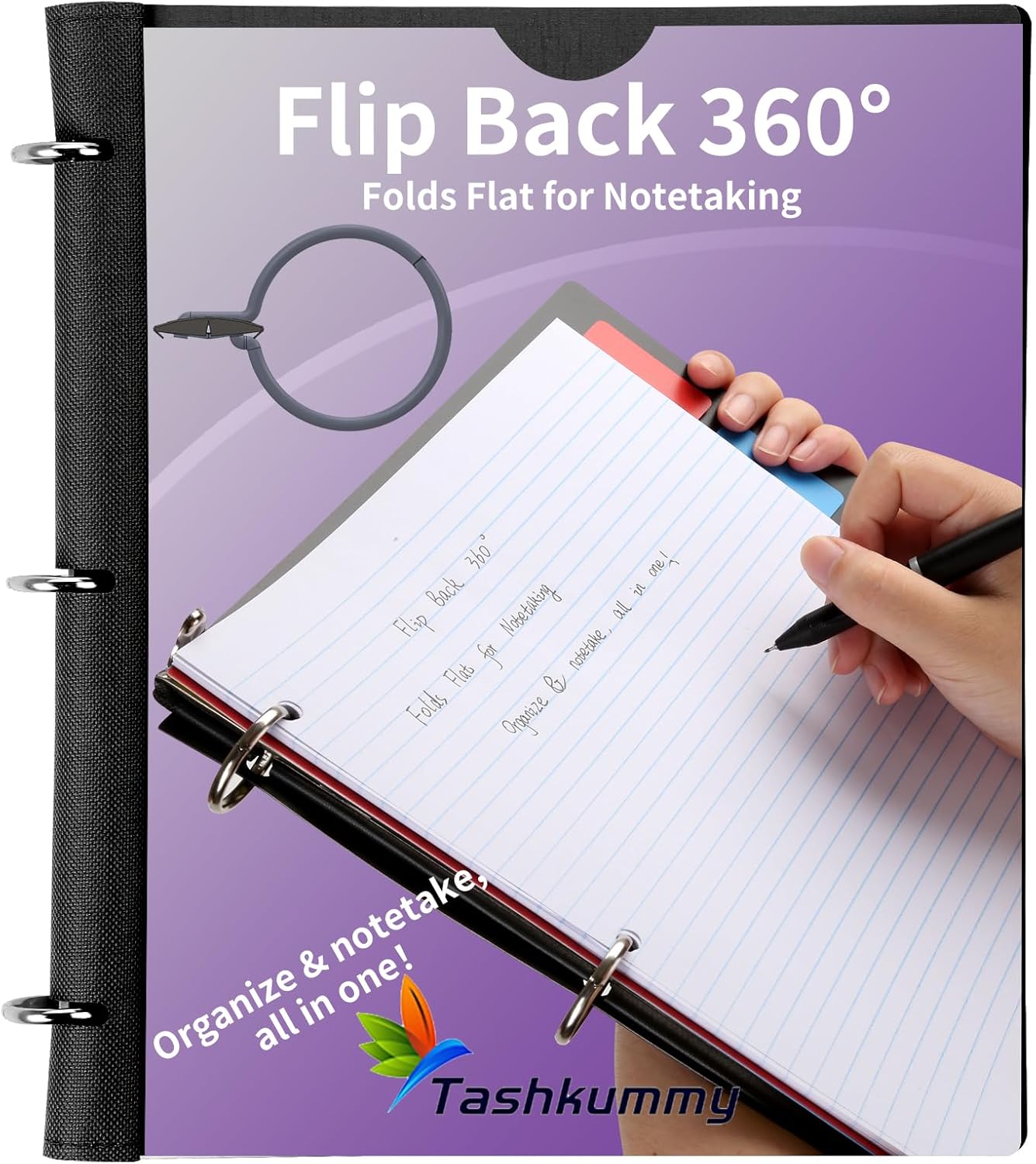 Pivotable Refillable Notebook, Upgraded 1 Inch 3 Ring Notebook Binder, 100 College Ruled Paper, 5 Subject Notebook with Dividers and Folder Pockets, Tabs- Black